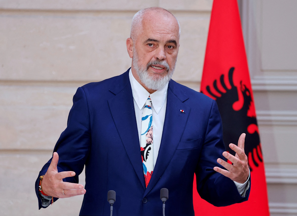 Albania's Prime Minister Edi Rama  gestures as he addresses the media at the presidential Elysee Palace, in Paris, France, April 12, 2024.     LUDOVIC MARIN