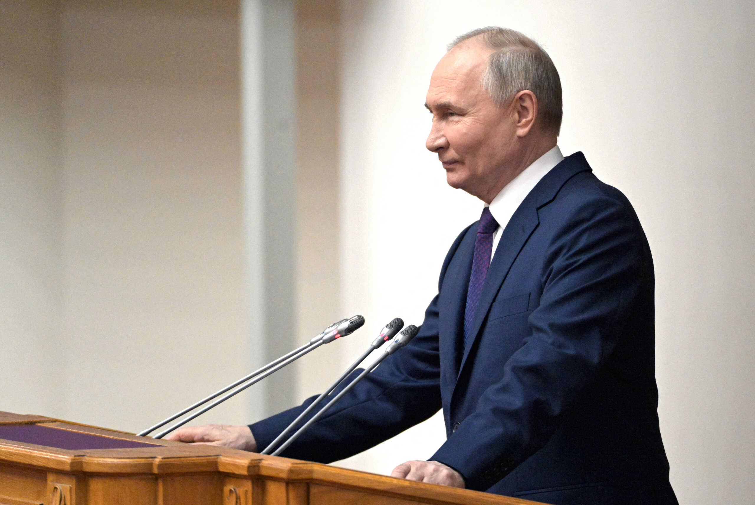 Russian President Vladimir Putin delivers a speech during а meeting of the Federal Assembly's Council of Legislators in Saint Petersburg, Russia, April 26, 2024. Sputnik