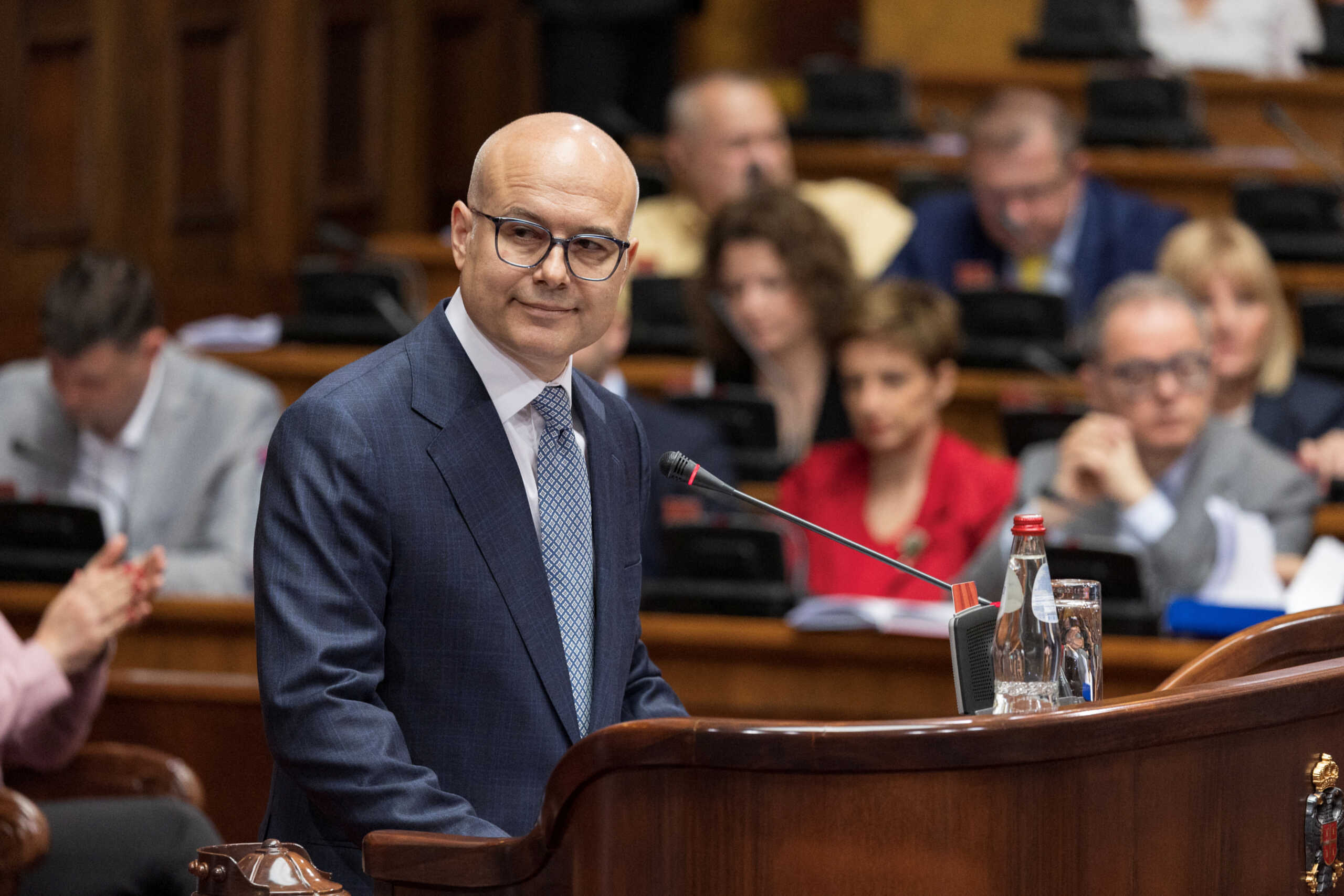 Serbia's Prime Minister-Designate Milos Vucevic presents a government program in the Parliament in Belgrade, Serbia, May 1, 2024. REUTERS