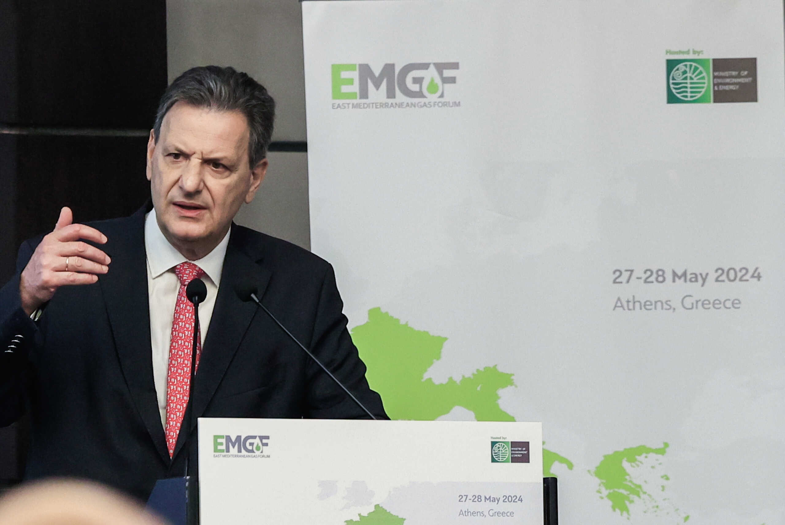 Στιγμιότυπο από τις εργασίες του Συνεδρίου "East Mediterranean Gas Forum", που πραγματοποιήθηκε σε ξενοδοχείο της Αθήνας, Τρίτη 28 Μαΐου 2024. Το Συνέδριο που διοργανώθηκε από το υπουργείο Περιβάλλοντος και Ενέργειας, σε συνεργασία με την Γραμματεία του EMGF είχε σκοπό την ενίσχυση των συνεργασιών στην Ανατολική Μεσόγειο για την ανάπτυξη τεχνολογιών ενεργειακής μετάβασης. 
(ΓΙΩΡΓΟΣ ΚΟΝΤΑΡΙΝΗΣ