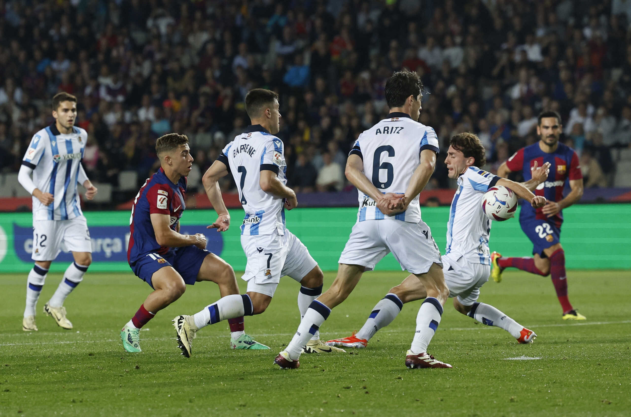 Soccer Football - LaLiga - FC Barcelona v Real Sociedad - Estadi Olimpic Lluis Companys, Barcelona, Spain - May 13, 2024  Real Sociedad's Alvaro Odriozola handles the ball and FC Barcelona win a penalty REUTERS