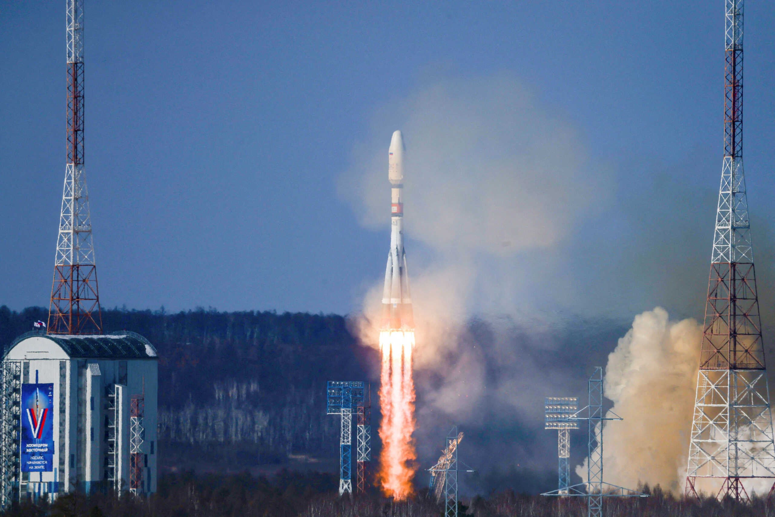 FILE PHOTO: A Soyuz-2.1b rocket booster with a Fregat upper stage, carrying Russian the Meteor-M spacecraft and 18 Russian and foreign additional small satellites, blasts off from a launchpad at the Vostochny Cosmodrome in the far eastern Amur region, Russia, February 29, 2024. Roscosmos