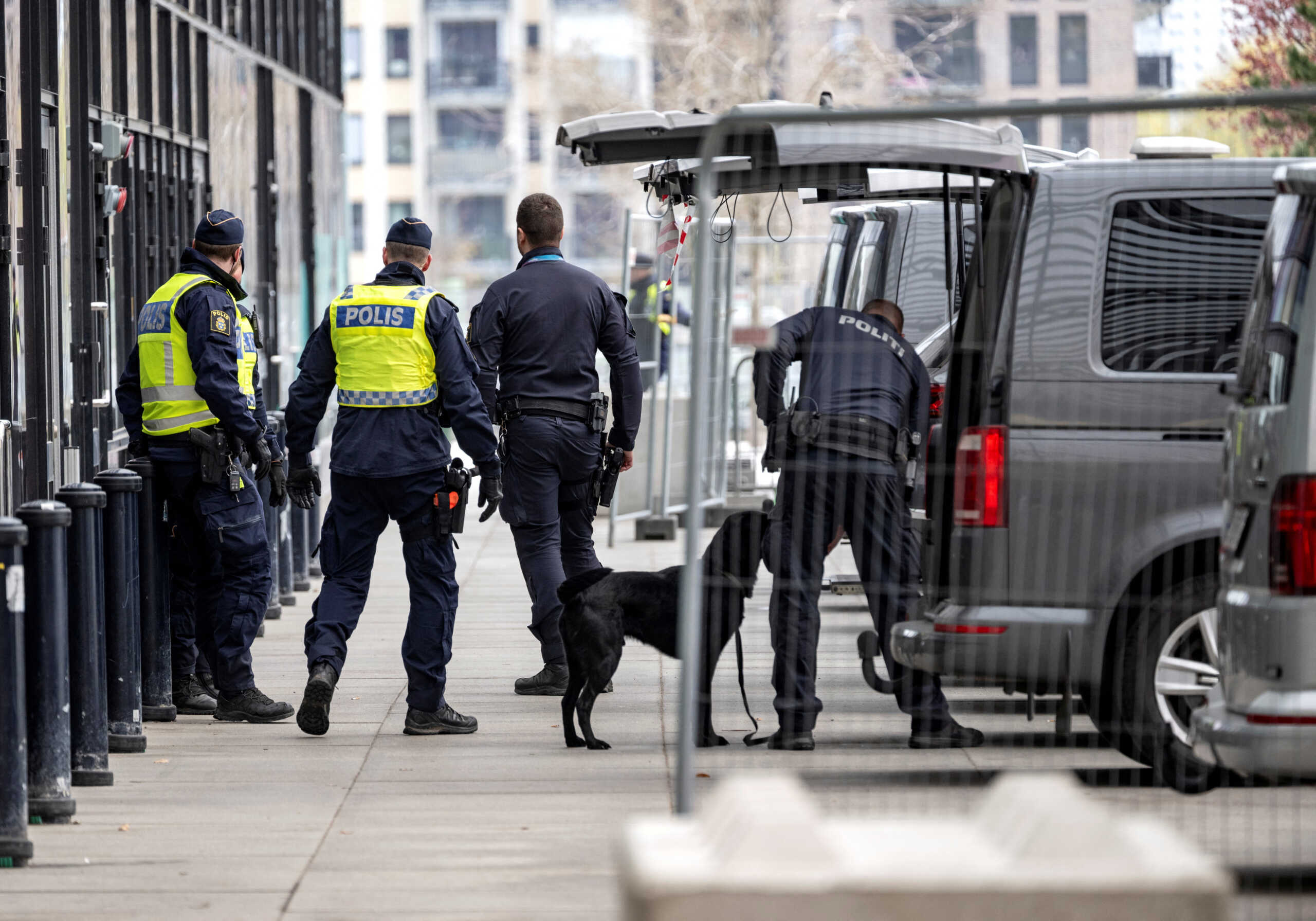 Police with a bomb-sniffing dog patrol outside Malmo Arena, during ongoing security work ahead of next week's Eurovision Song Contest in Malmo, Sweden April 26, 2024. TT News Agency