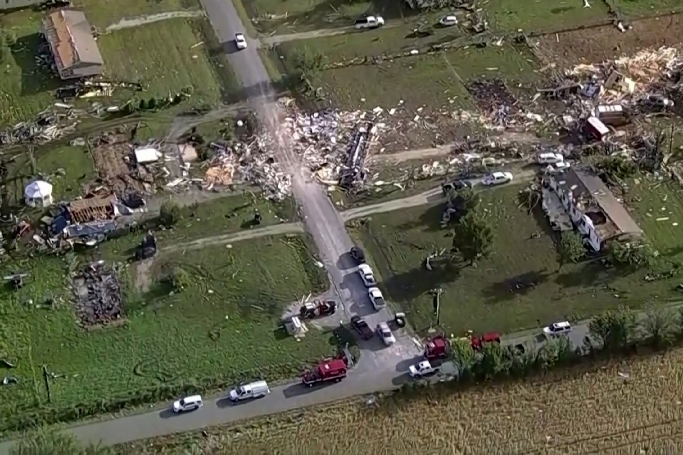 Wreckage is strewn across a property the day after a deadly series of tornados hit the central United States, in Valley View, Texas, U.S. in a still image from aerial video.  ABC Affiliate WFAA via REUTERS.  NO RESALES. NO ARCHIVES. MANDATORY CREDIT