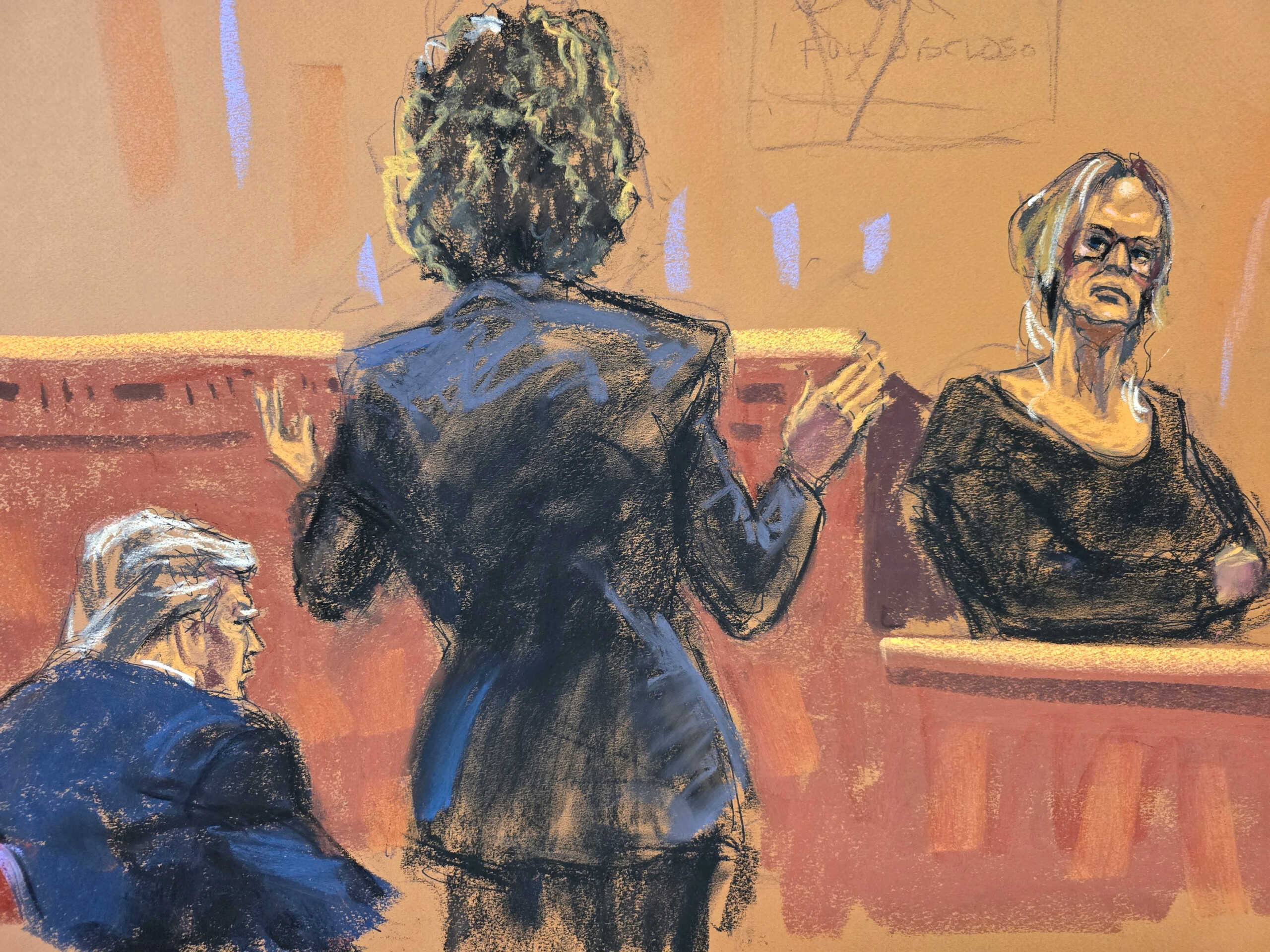 Former U.S. President Donald Trump watches as Stormy Daniels is questioned by prosecutor Susan Hoffinger during Trump's criminal trial on charges that he falsified business records to conceal money paid to silence porn star Stormy Daniels in 2016, in Manhattan state court in New York City, U.S. May 7, 2024 in this courtroom sketch. REUTERS