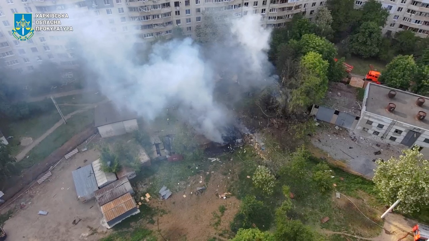 Smoke rises in the aftermath of a Russian strike, amid Russia's attack on Ukraine, in Kharkiv, Ukraine, May 14, 2024 in this still image taken from video.   Kharkiv Regional Prosecutor's Office