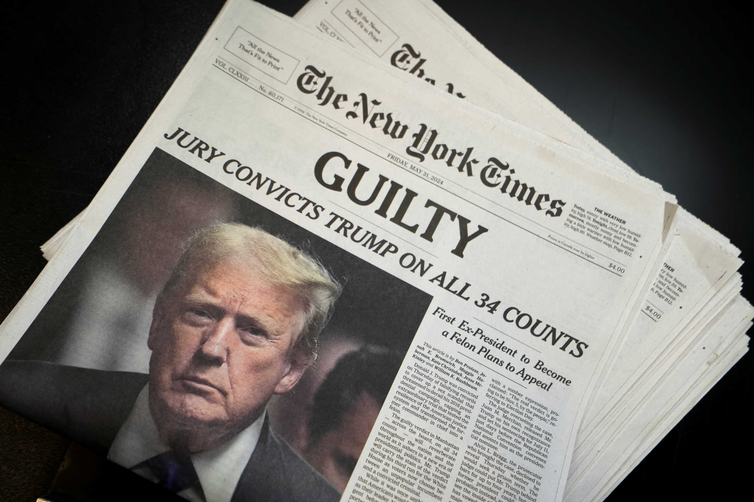 New York Times newspapers are being printed, following the announcement of the verdict on former U.S. President Donald Trump's criminal trial, over charges that he falsified business records to conceal money paid to silence adult film star Stormy Daniels in 2016, at the New York Times College Point Printing Plant in Queens, New York City, U.S. May 30, 2024. REUTERS