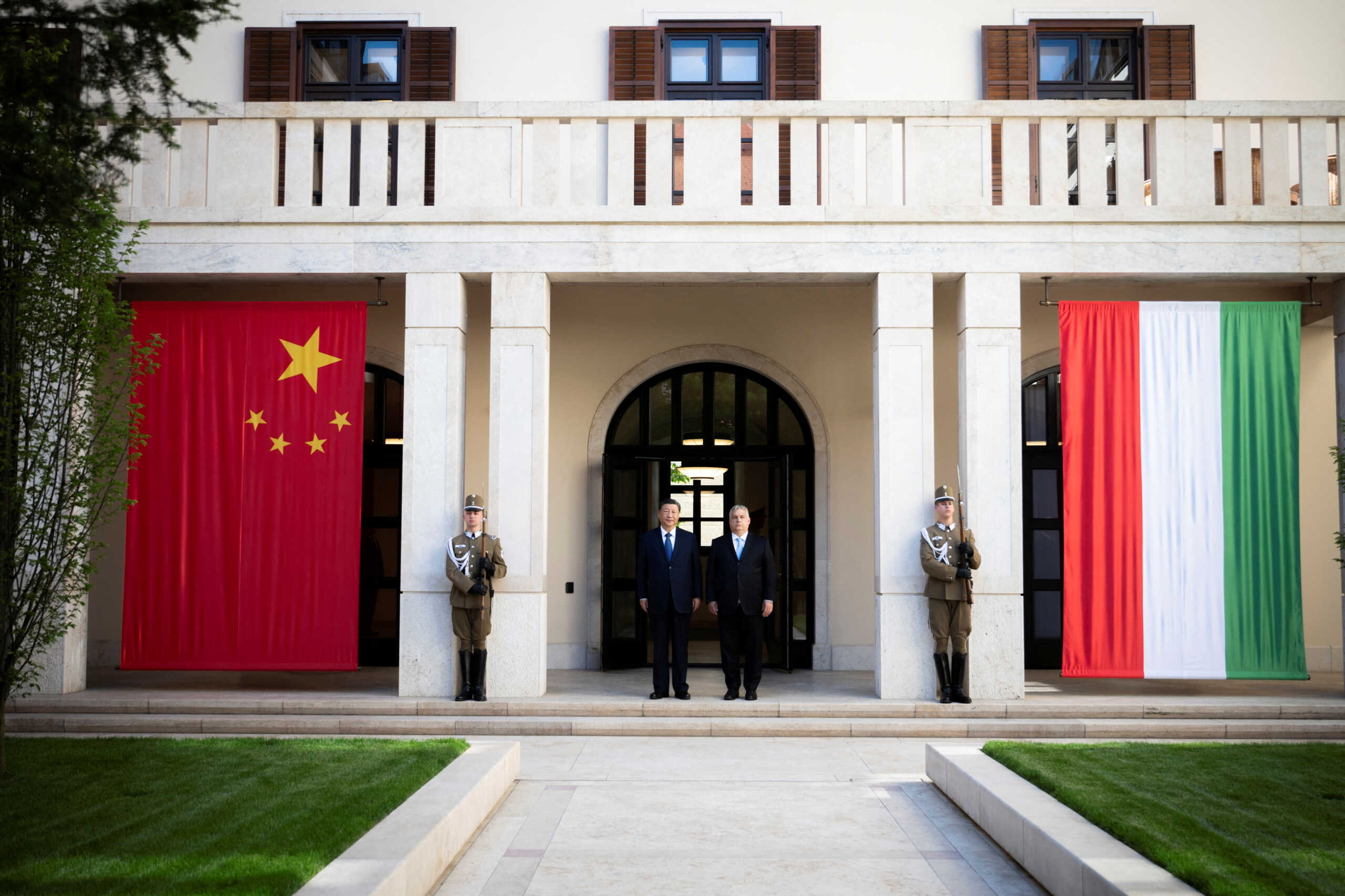 Hungarian Prime Minister Viktor Orban and Chinese President Xi Jinping pose for a picture at the Carmelite Monastery in Budapest, Hungary, May 9, 2024. PM Office
