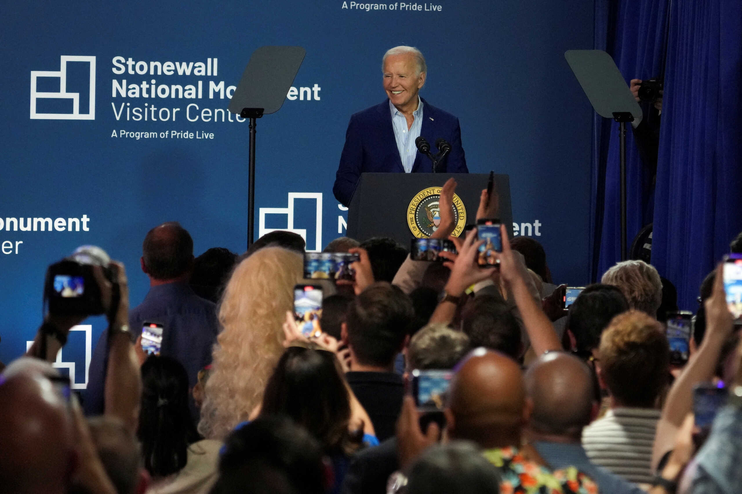 U.S. President Joe Biden attends the Grand Opening Ceremony for the Stonewall National Monument Visitor Center (SNMVC), the first LGBTQIA+ visitor center within the U.S. National Park Service, in New York City, U.S., June 28, 2024. REUTERS