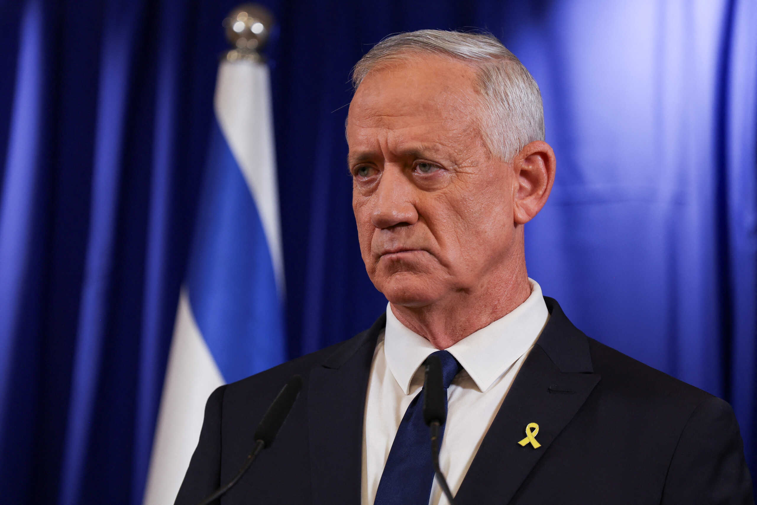 Israeli Minister Benny Gantz addresses the media after his ultimatum to withdraw his centrist party from Israeli Prime Minister Benjamin Netanyahu’s emergency government expired, in Ramat Gan, Israel June 9, 2024. REUTERS