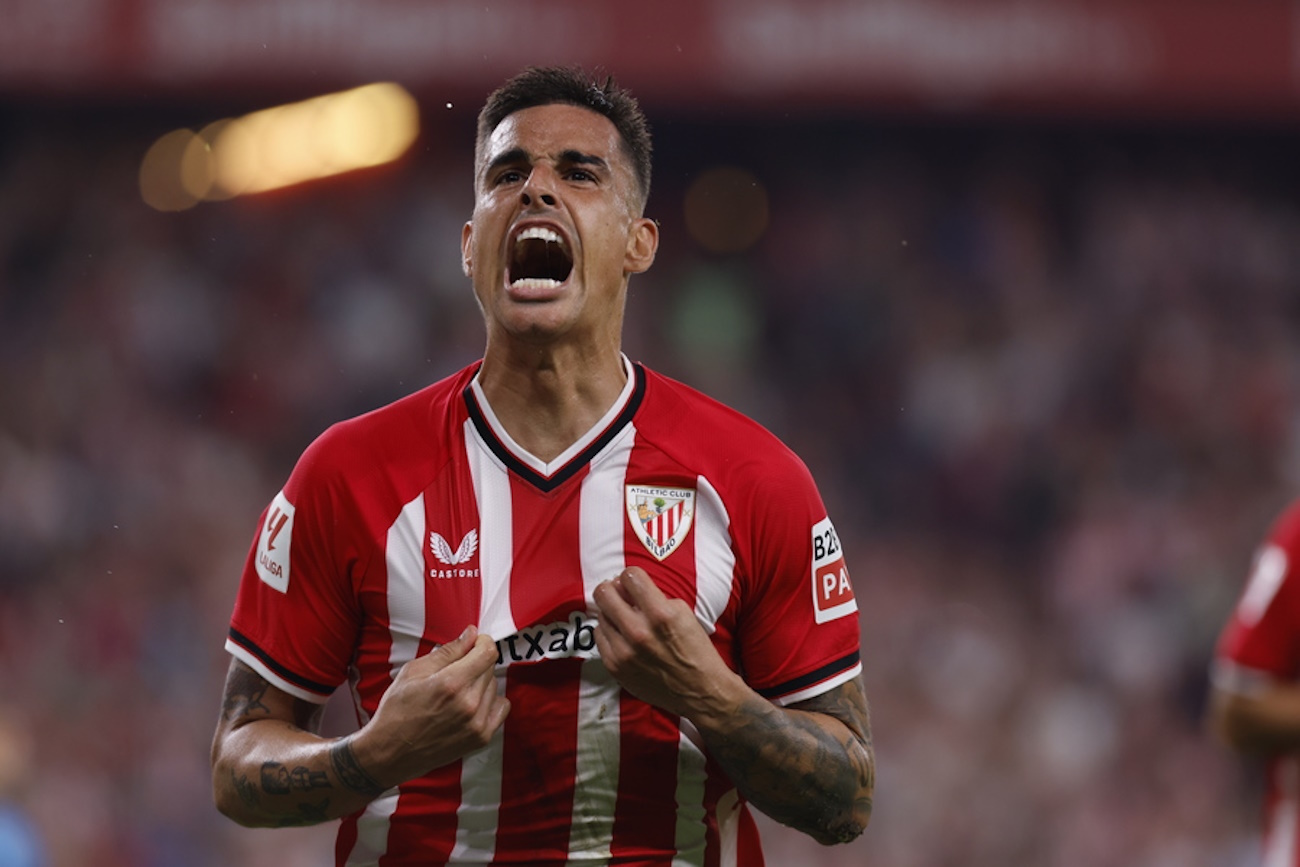 epa10904400 Athletic Club's midfielder Dani Garcia celebrates after scoring the 2-0 goal during the Spanish LaLiga soccer match between Athletic Club de Bilbao and UD Almeria, in Bilbao, Basque Country, Spain, 06 October 2023.  EPA