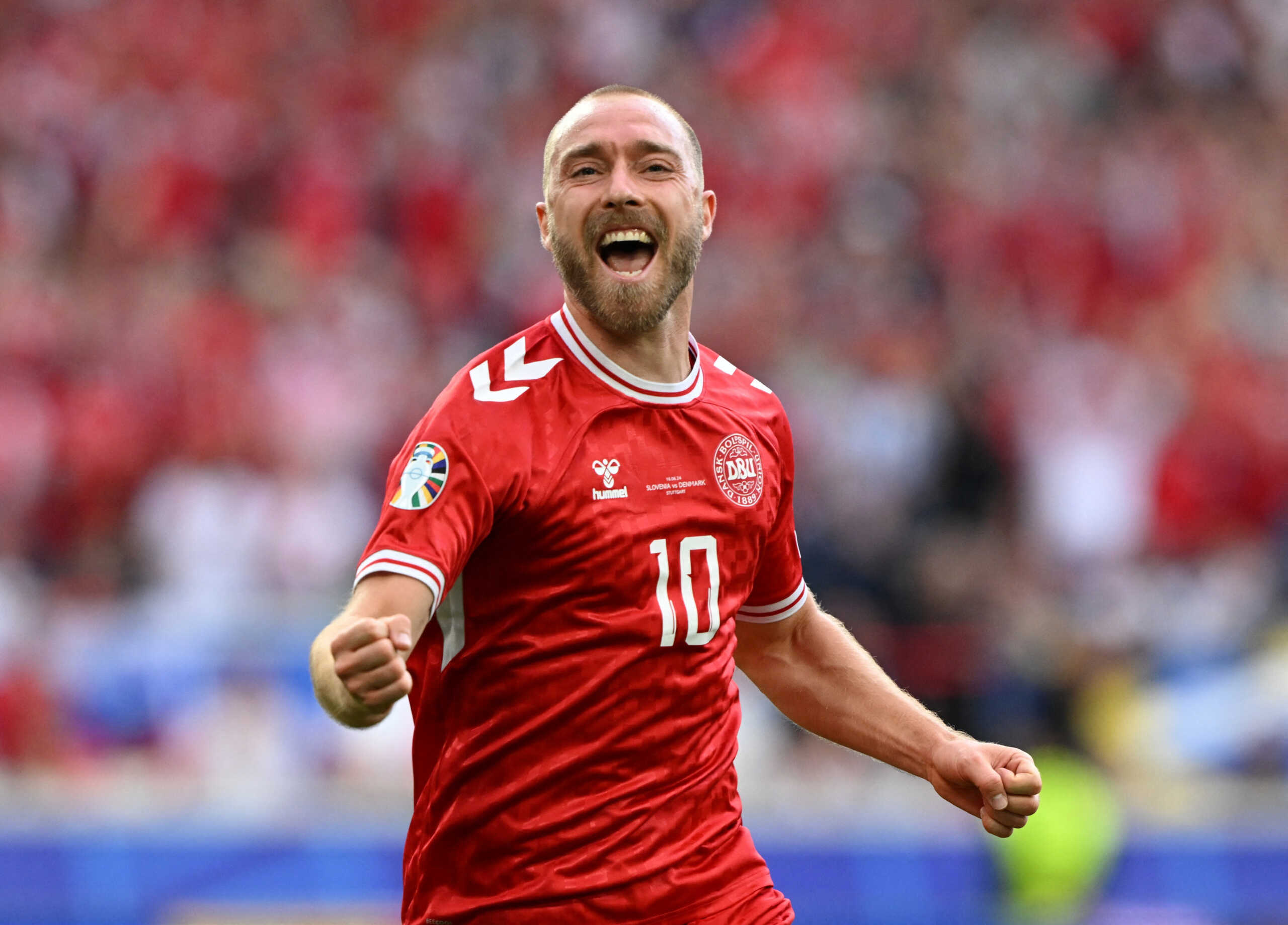 Soccer Football - Euro 2024 - Group C - Slovenia v Denmark - Stuttgart Arena, Stuttgart, Germany - June 16, 2024 Denmark's Christian Eriksen celebrates scoring their first goal REUTERS