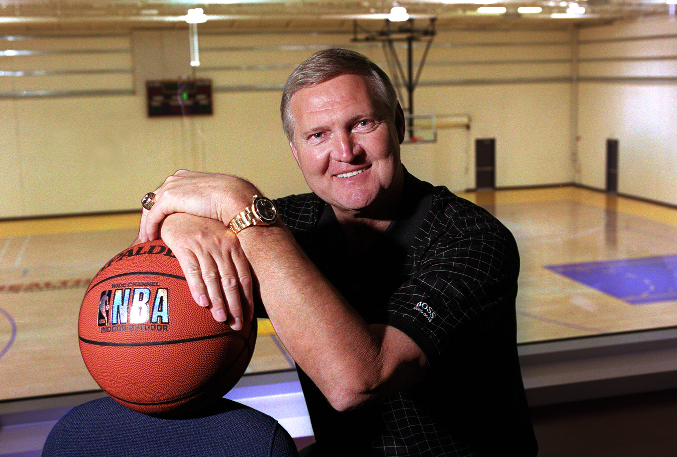 006835.SP.0421.lakers.1.AS Portrait of Jerry West at the new Laker offices in El Segundo. West's office overlooks the practice court at the new facility. The West portrait will lede our sports section for saturday.  (Photo by Al Seib