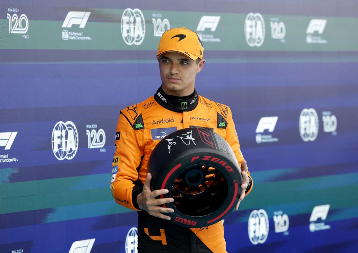 Formula One F1 - Spanish Grand Prix - Circuit de Barcelona-Catalunya, Barcelona, Spain - June 22, 2024 McLaren's Lando Norris with the trophy after qualifying in pole position REUTERS