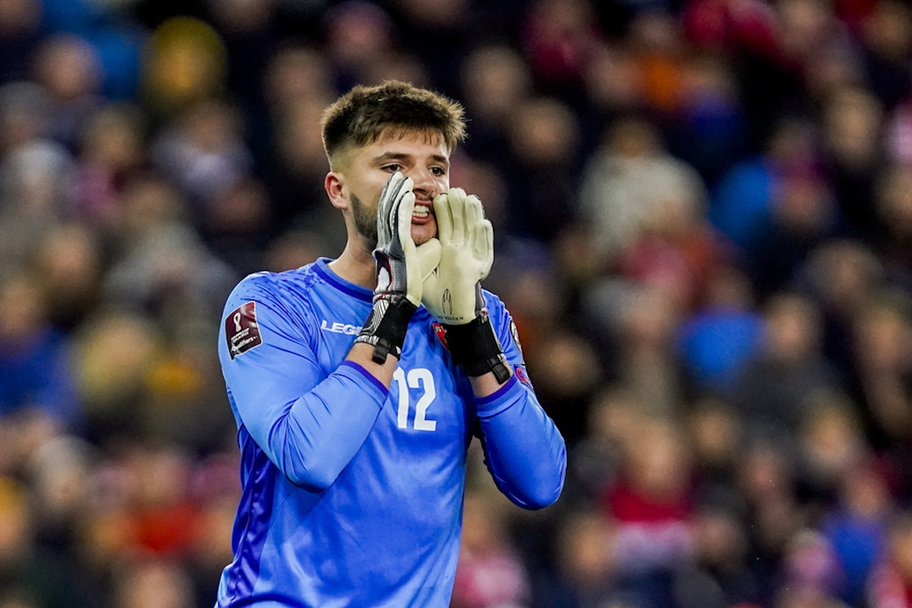 epa09519168 Montenegro's goalkeeper Matija Sarkic reacts during the FIF World Cup 2022 qualifiers match between Norway and Montenegro at Ullevaal Stadium, in Oslo, Norway, 11 October 2021.  EPA