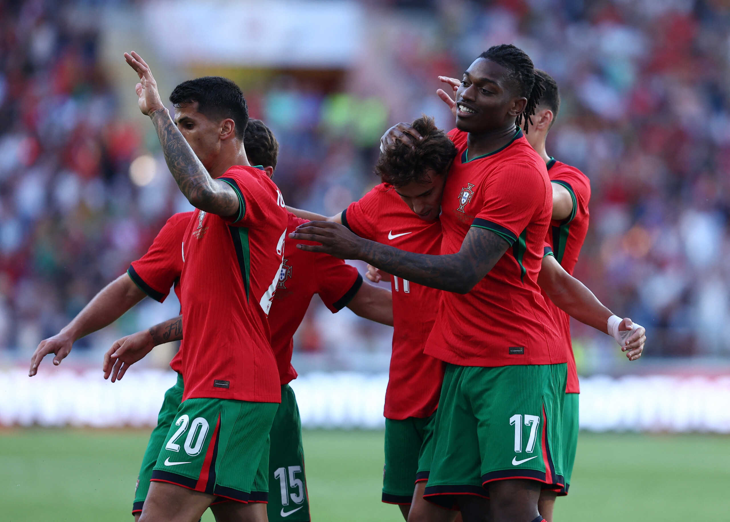 Soccer Football - International Friendly - Portugal v Ireland - Aveiro Municipal Stadium, Aveiro, Portugal - June 11, 2024 Portugal's Joao Felix celebrates scoring their first goal with Rafael Leao REUTERS