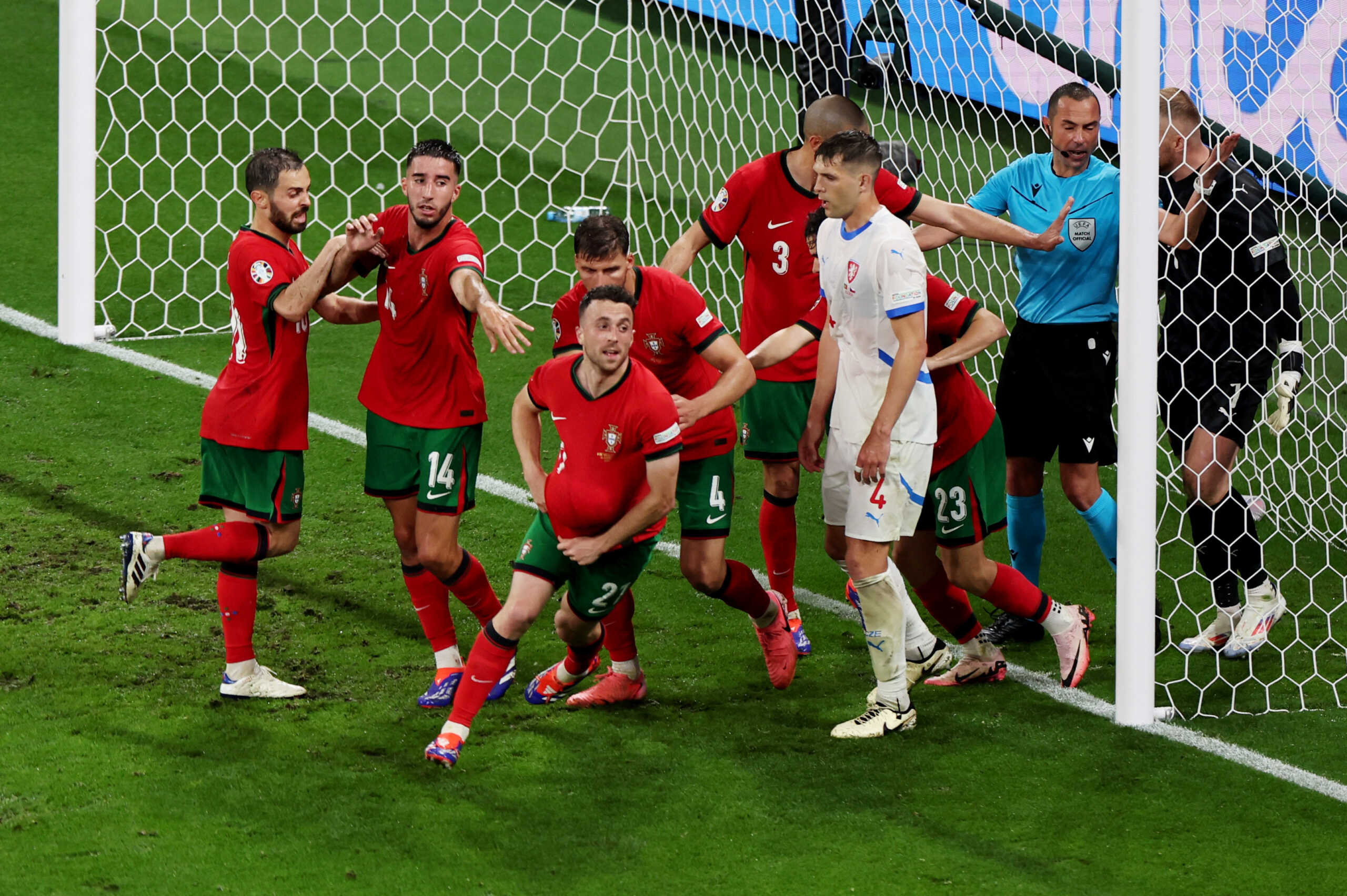Soccer Football - Euro 2024 - Group F - Portugal v Czech Republic - Leipzig Stadium, Leipzig, Germany - June 18, 2024  Portugal's Diogo Jota celebrates scoring a goal with teammates that was later disallowed REUTERS