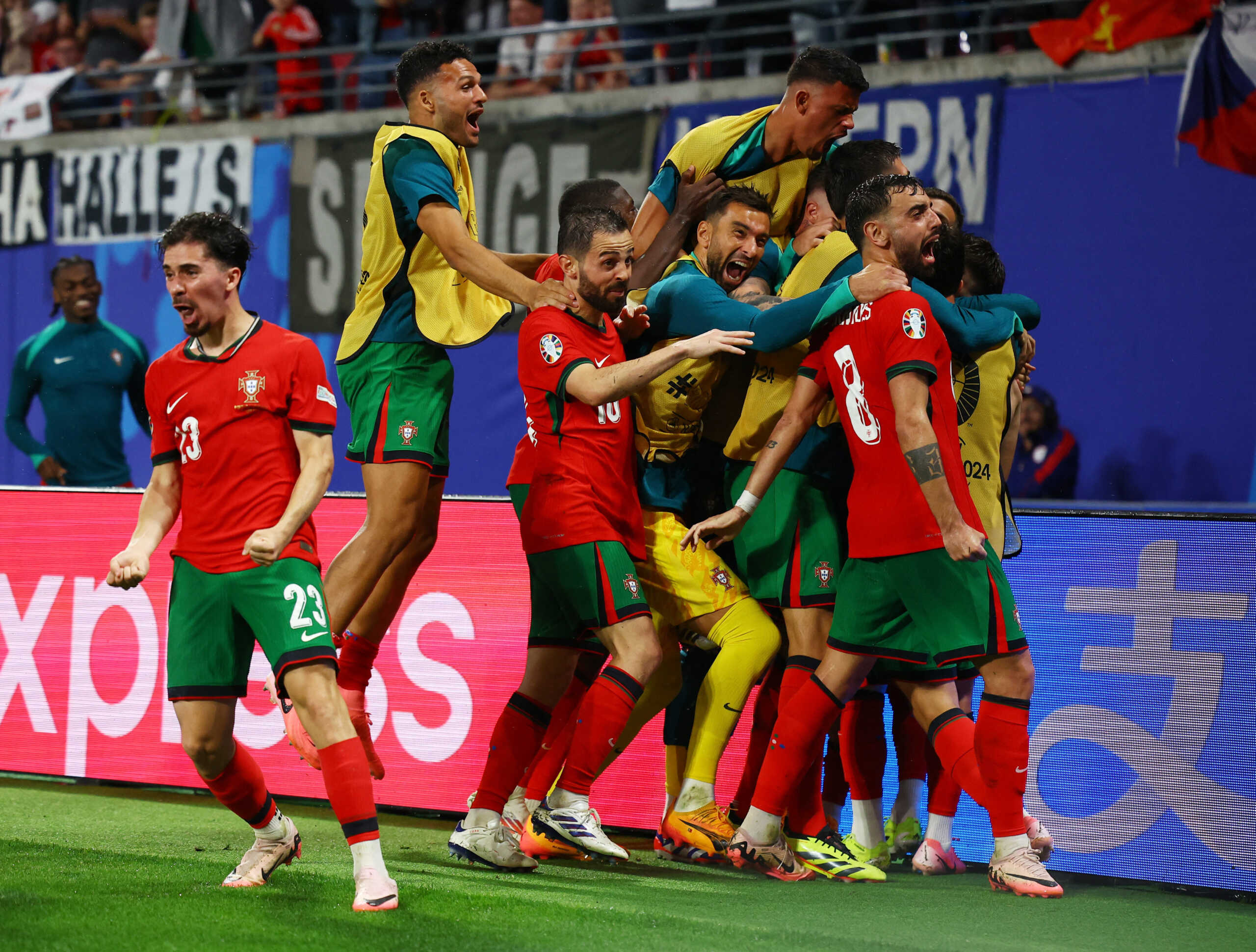 Soccer Football - Euro 2024 - Group F - Portugal v Czech Republic - Leipzig Stadium, Leipzig, Germany - June 18, 2024  Portugal's Francisco Conceicao celebrates scoring their second goal with teammates REUTERS