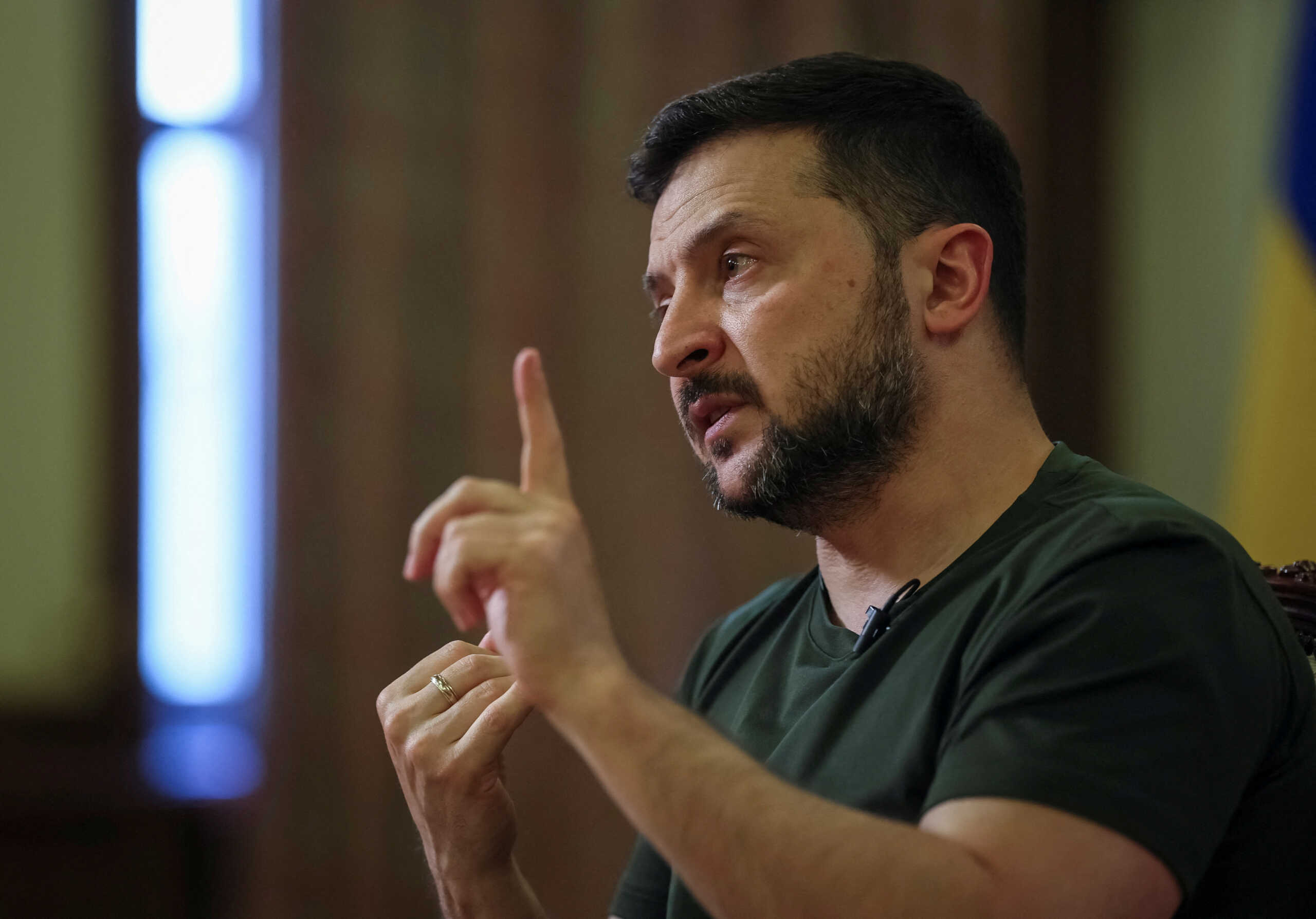 FILE PHOTO: Ukraine's President Volodymyr Zelenskiy speaks during an interview with Reuters, amid Russia's attack on Ukraine, in Kyiv, Ukraine May 20, 2024. REUTERS