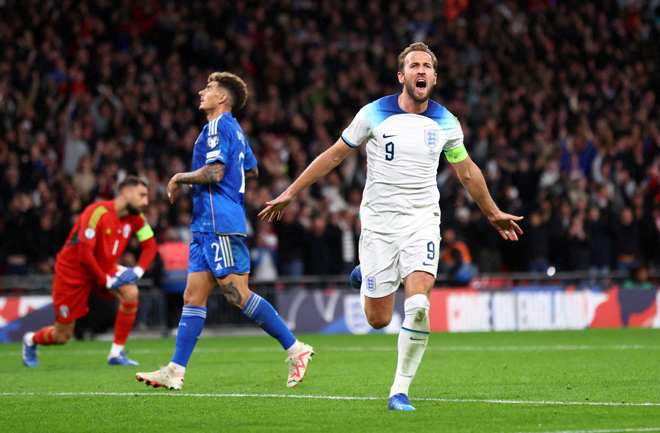 FILE PHOTO: Soccer Football - Euro 2024 Qualifier - Group C - England v Italy - Wembley Stadium, London, Britain - October 17, 2023 England's Harry Kane celebrates scoring their third goal REUTERS