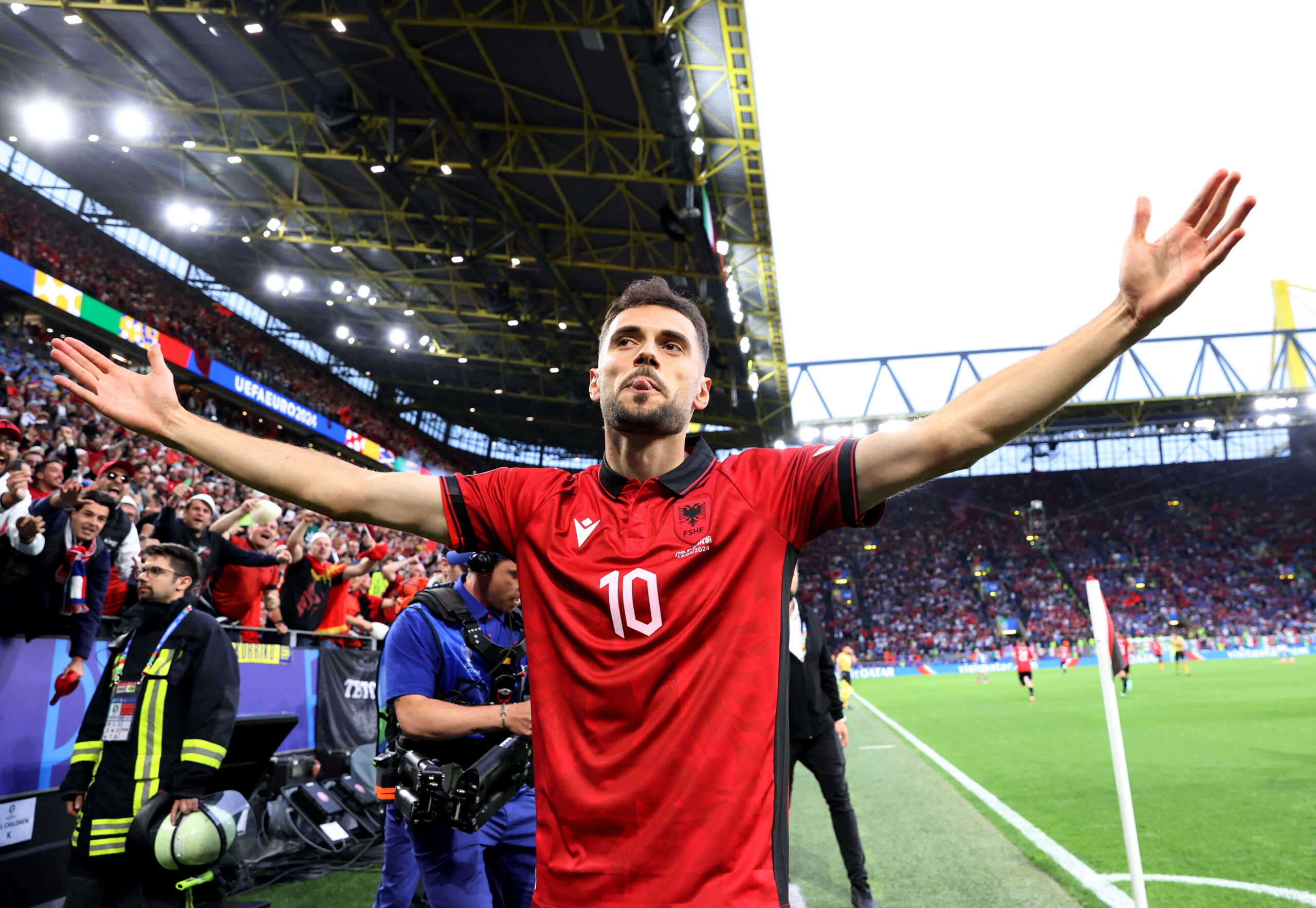 Soccer Football - Euro 2024 - Group B - Italy v Albania - Dortmund BVB Stadion, Dortmund, Germany - June 15, 2024  Albania's Nedim Bajrami celebrates scoring their first goal REUTERS