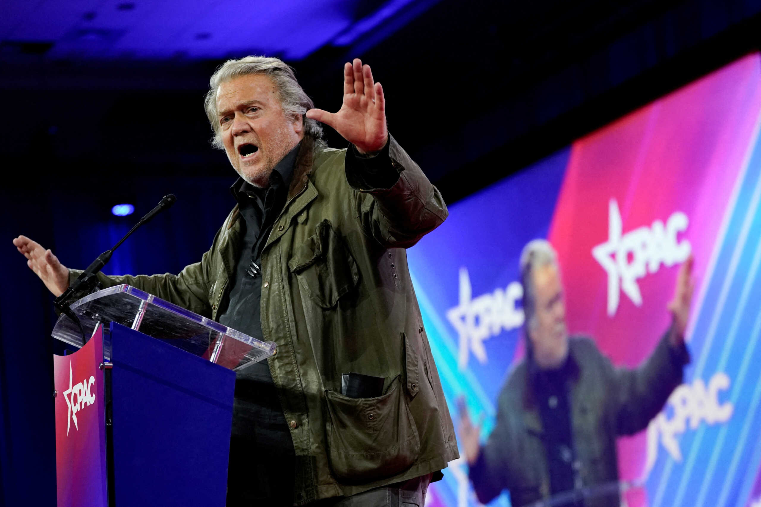 FILE PHOTO: Former White House Chief Strategist Steve Bannon addresses the Conservative Political Action Conference (CPAC) annual meeting in National Harbor, Maryland, U.S., February 24, 2024. REUTERS