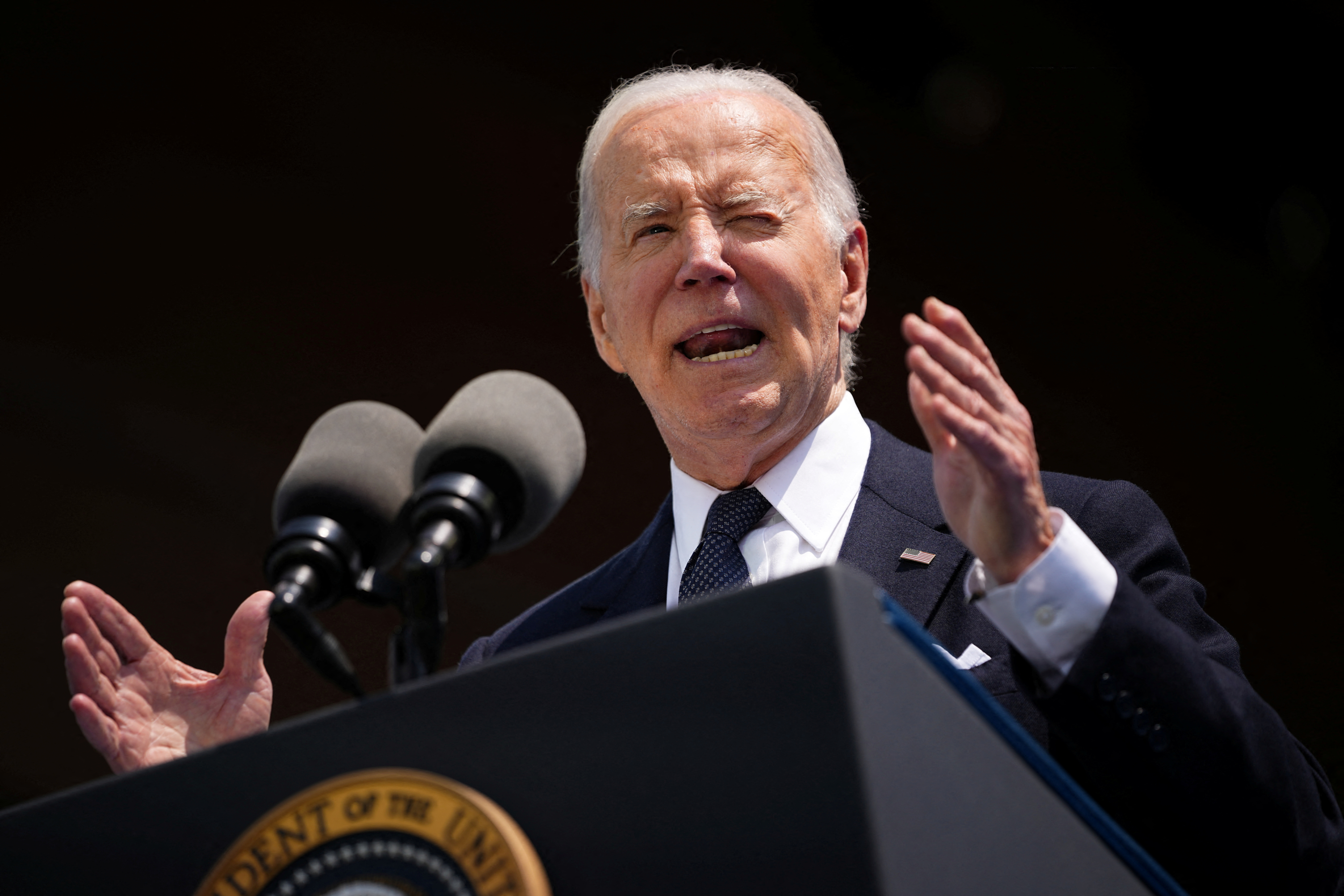 President Joe Biden delivers a speech during a commemorative ceremony to mark D-Day 80th anniversary, at the U.S. cemetery in Colleville-sur-Mer, Normandy, France June 6, 2024. Daniel Cole