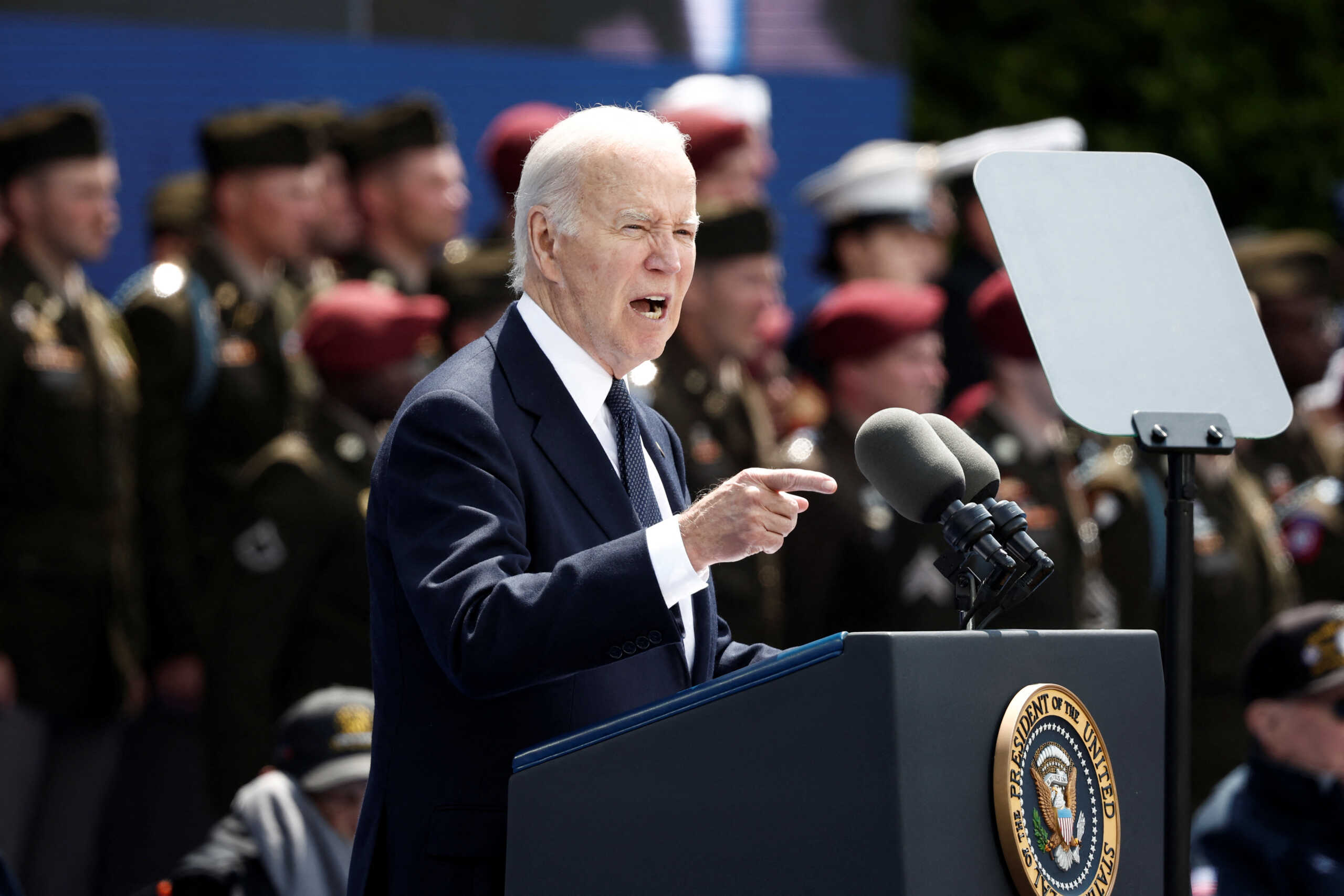 U.S. President Joe Biden attends a ceremony to mark the 80th anniversary of D-Day at the Normandy American Cemetery and Memorial in Colleville-sur-Mer, France, June 6, 2024. REUTERS