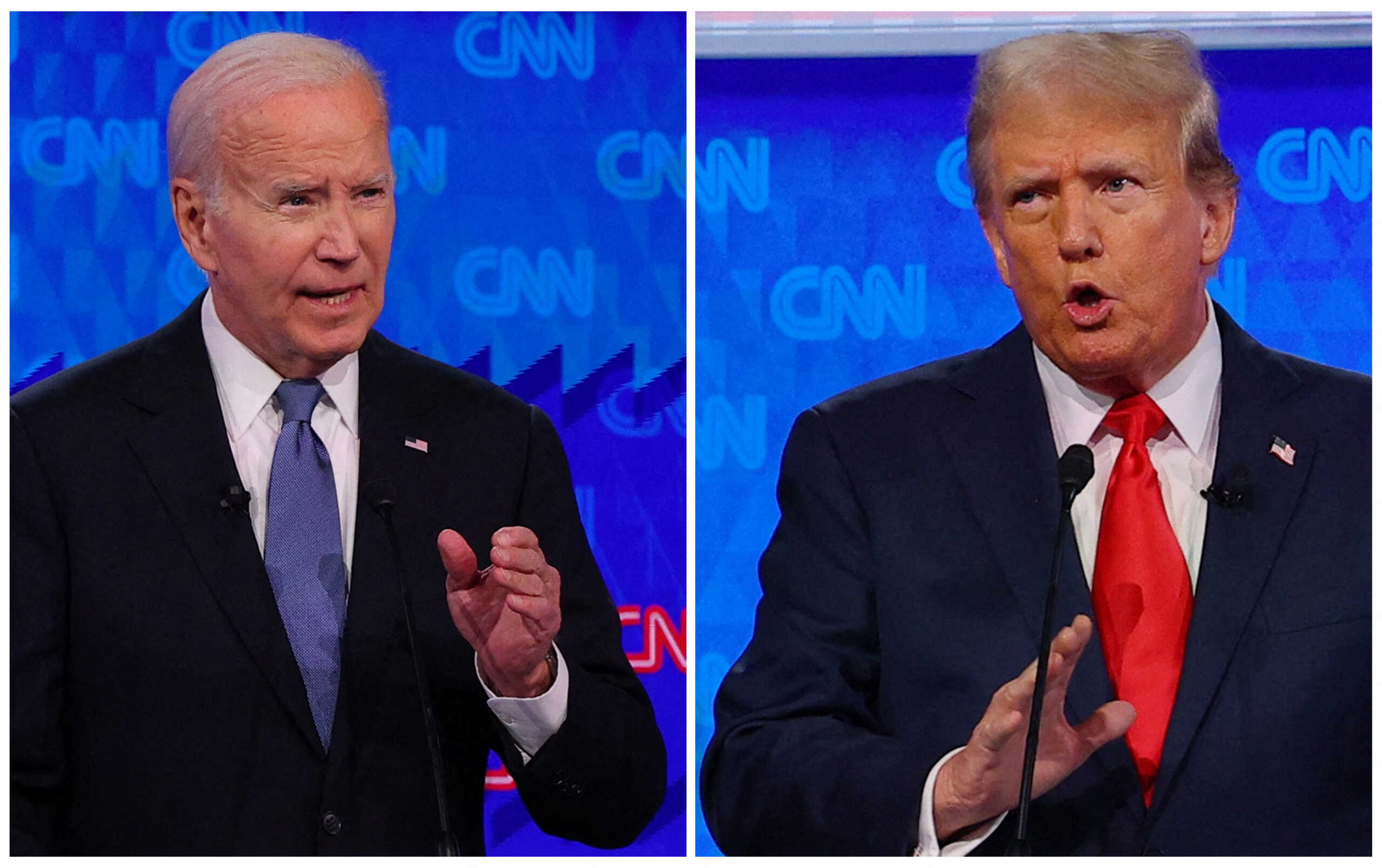 Democratic Party presidential candidate U.S. President Joe Biden and Republican presidential candidate former U.S. President Donald Trump speak during a presidential debate in Atlanta, Georgia, U.S., June 27, 2024 in a combination photo. REUTERS