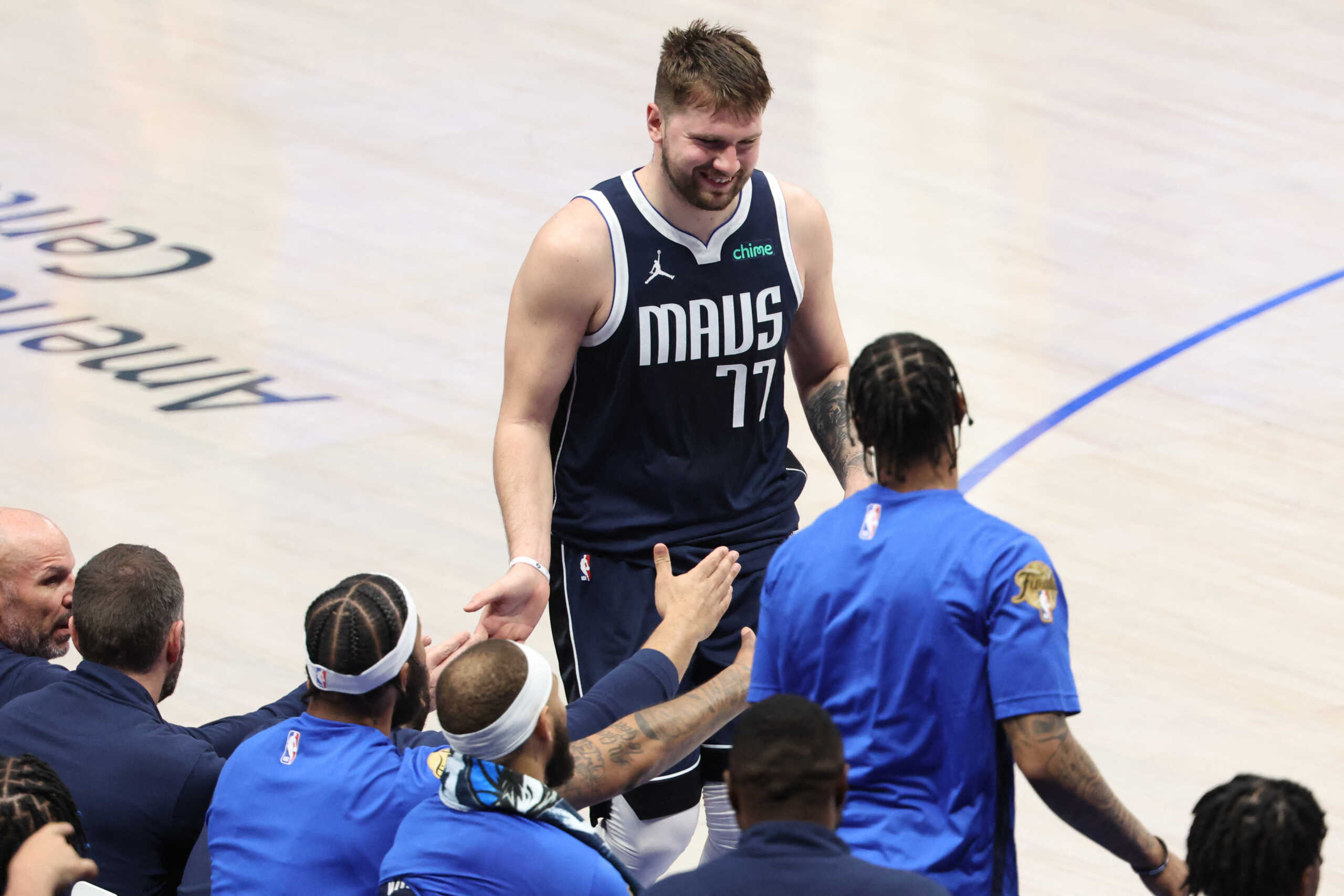 Jun 14, 2024; Dallas, Texas, USA; Dallas Mavericks guard Luka Doncic (77) reacts as he checks out of the game against the Boston Celtics during the second half of game four of the 2024 NBA Finals at American Airlines Center. Mandatory Credit: Kevin Jairaj-USA TODAY Sports