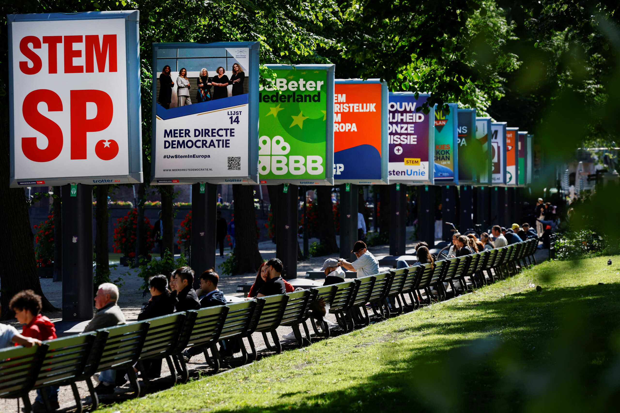Election campaign boards are displayed, ahead of the elections across 27 European Union member states, of which the Netherlands is the first country to go to the polls in this round of elections to the bloc's parliament, in The Hague, Netherlands, June 5, 2024. REUTERS