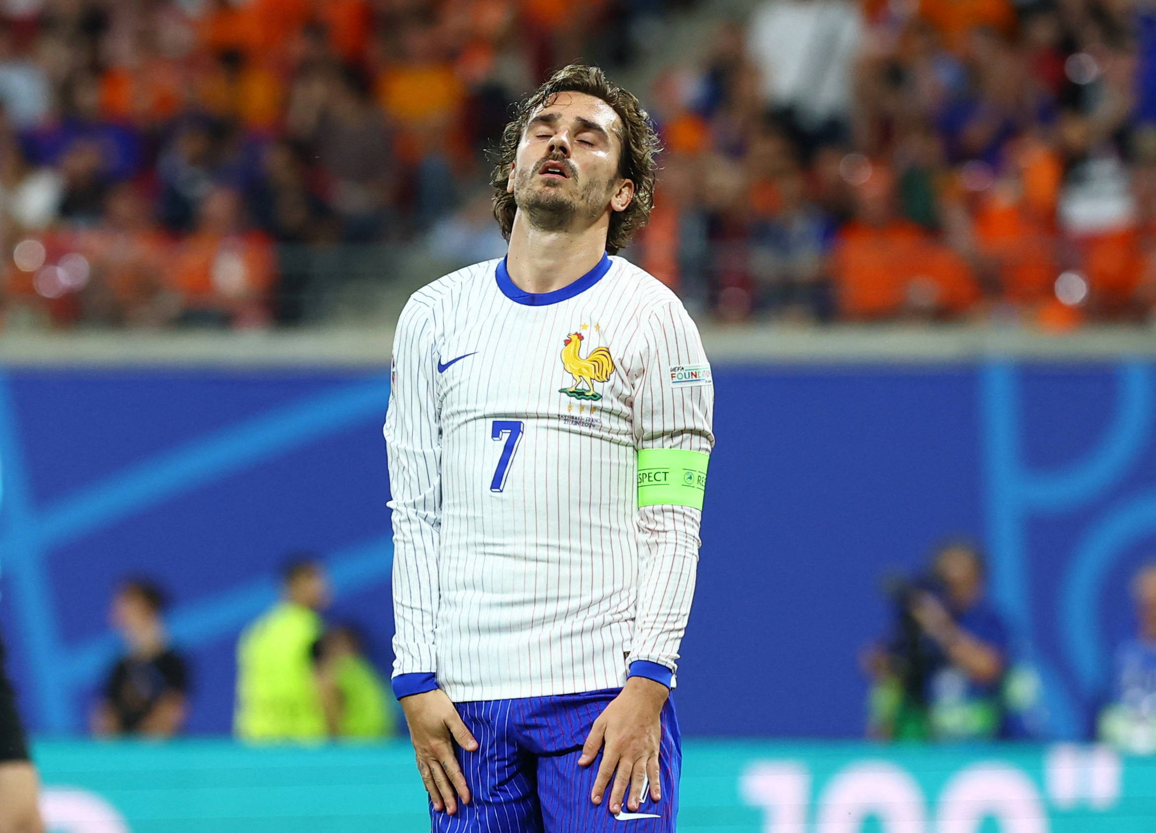 Soccer Football - Euro 2024 - Group D - Netherlands v France - Leipzig Stadium, Leipzig, Germany - June 21, 2024  France's Antoine Griezmann reacts REUTERS