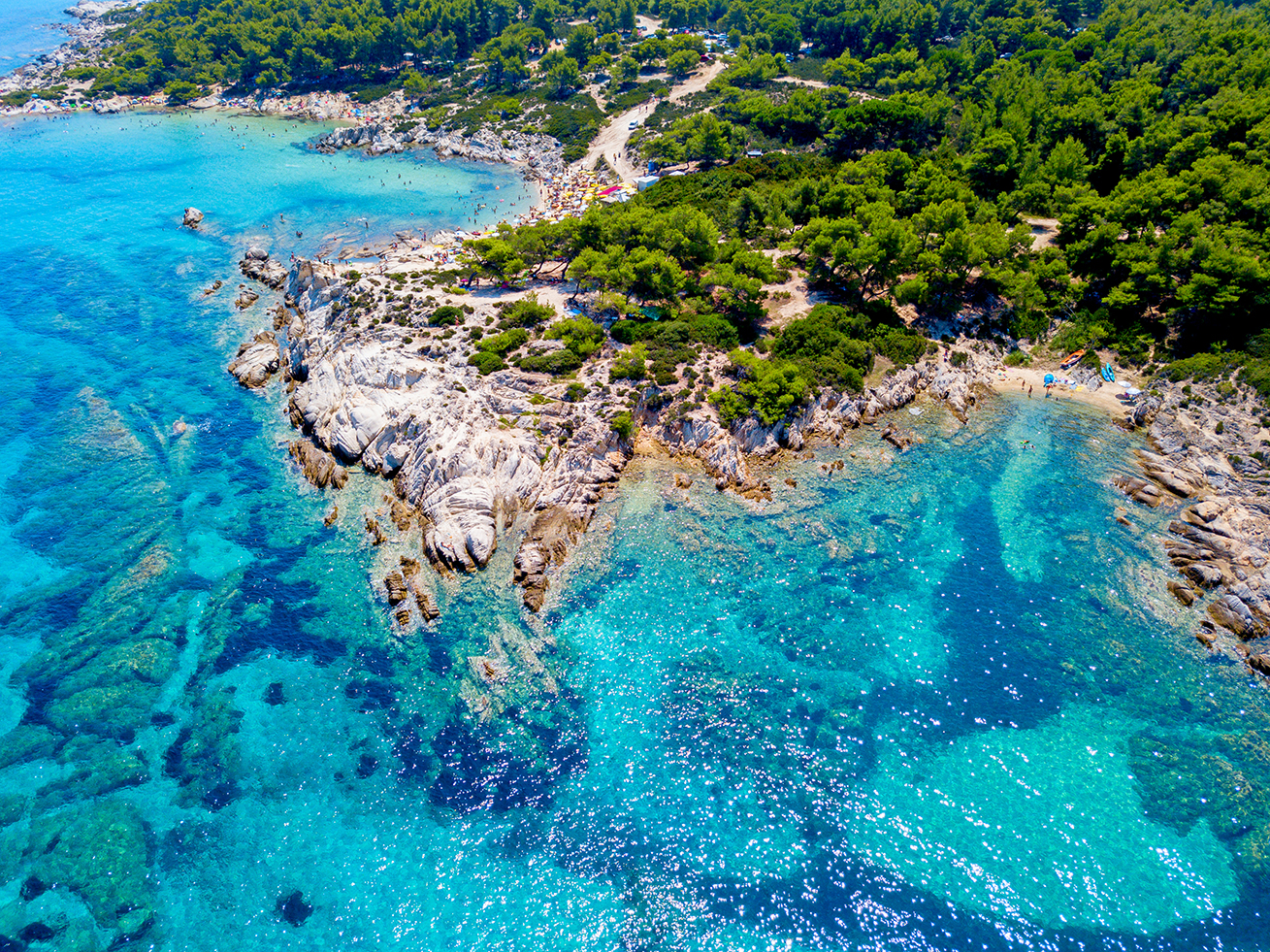Aerial photo of the beautiful beach on Sitonia, Chalkidiki region, Greece