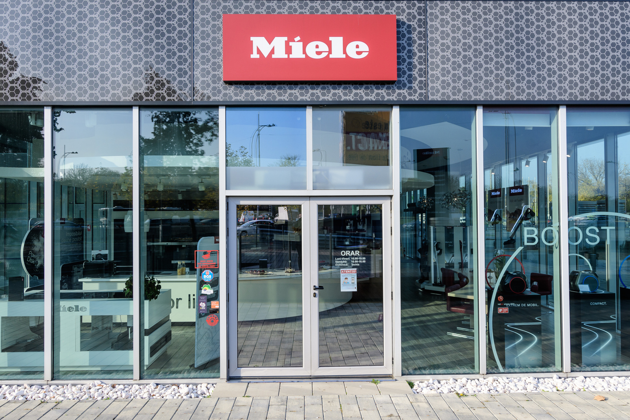 Bucharest, Romania, 6 November 2021: Miele showroom and offices in City Gate Towers in the Northern part of the city in a sunny autumn day