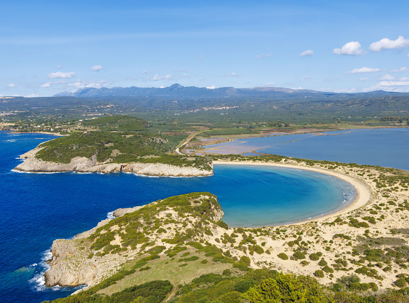 Beautiful aerial beach view in Greece- Travel, tour tourism, vacation- Voidokilia beach, Pylos, Peloponnese