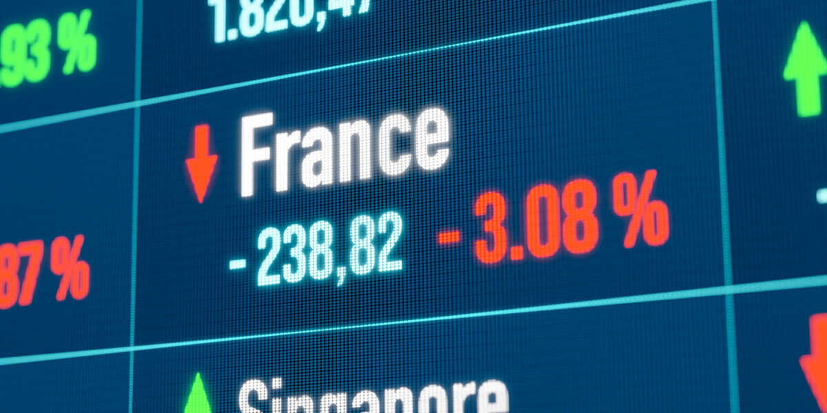 France falling stock market. Recession, negative trend, bear market, stock market crash, financial markets, los