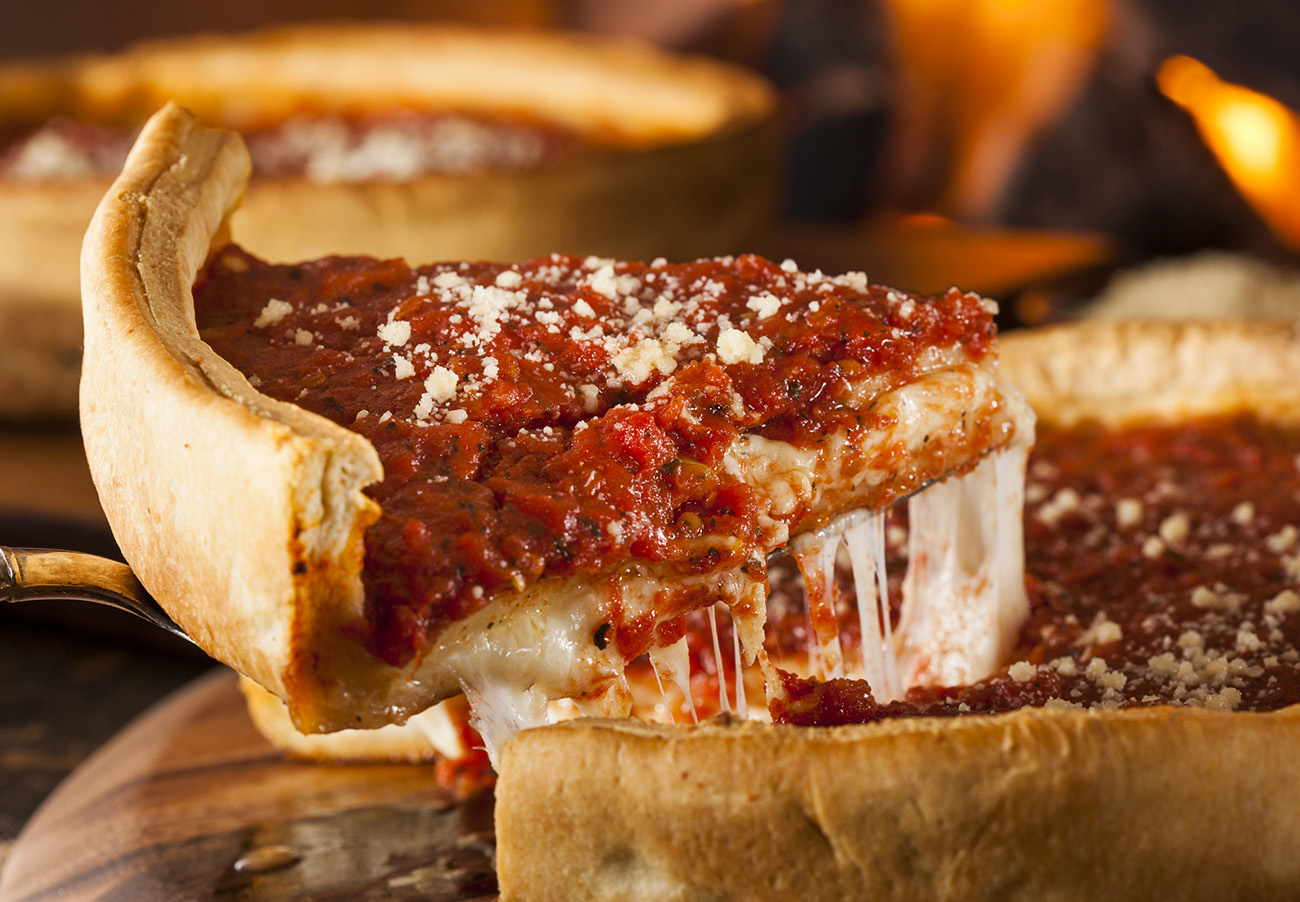 Chicago Style Deep Dish Cheese Pizza with Tomato Sauce