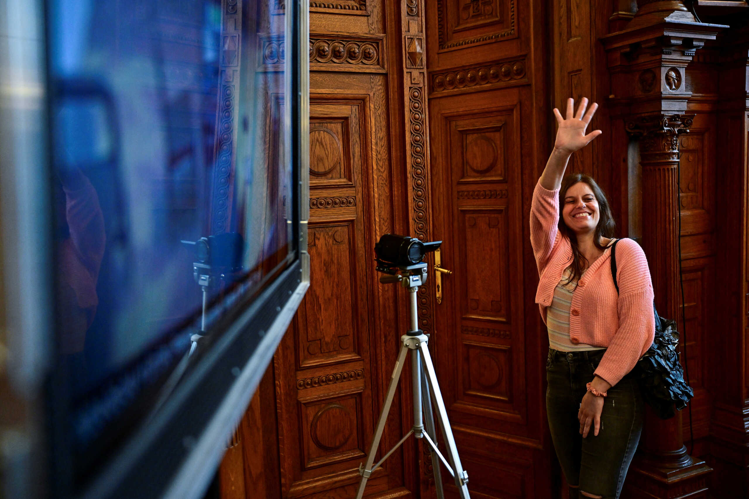 Italian teacher Ilaria Salis, facing charges for taking part in an anti-fascist assault on far-right activists, gestures as she appears in court, in Budapest, Hungary May 24, 2024. REUTERS