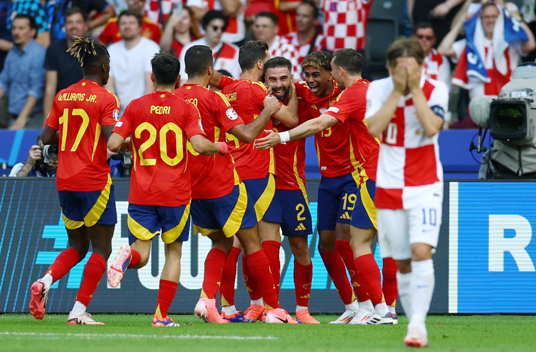Soccer Football - Euro 2024 - Group B - Spain v Croatia - Berlin Olympiastadion, Berlin, Germany - June 15, 2024 Spain's Dani Carvajal celebrates scoring their third goal with teammates REUTERS