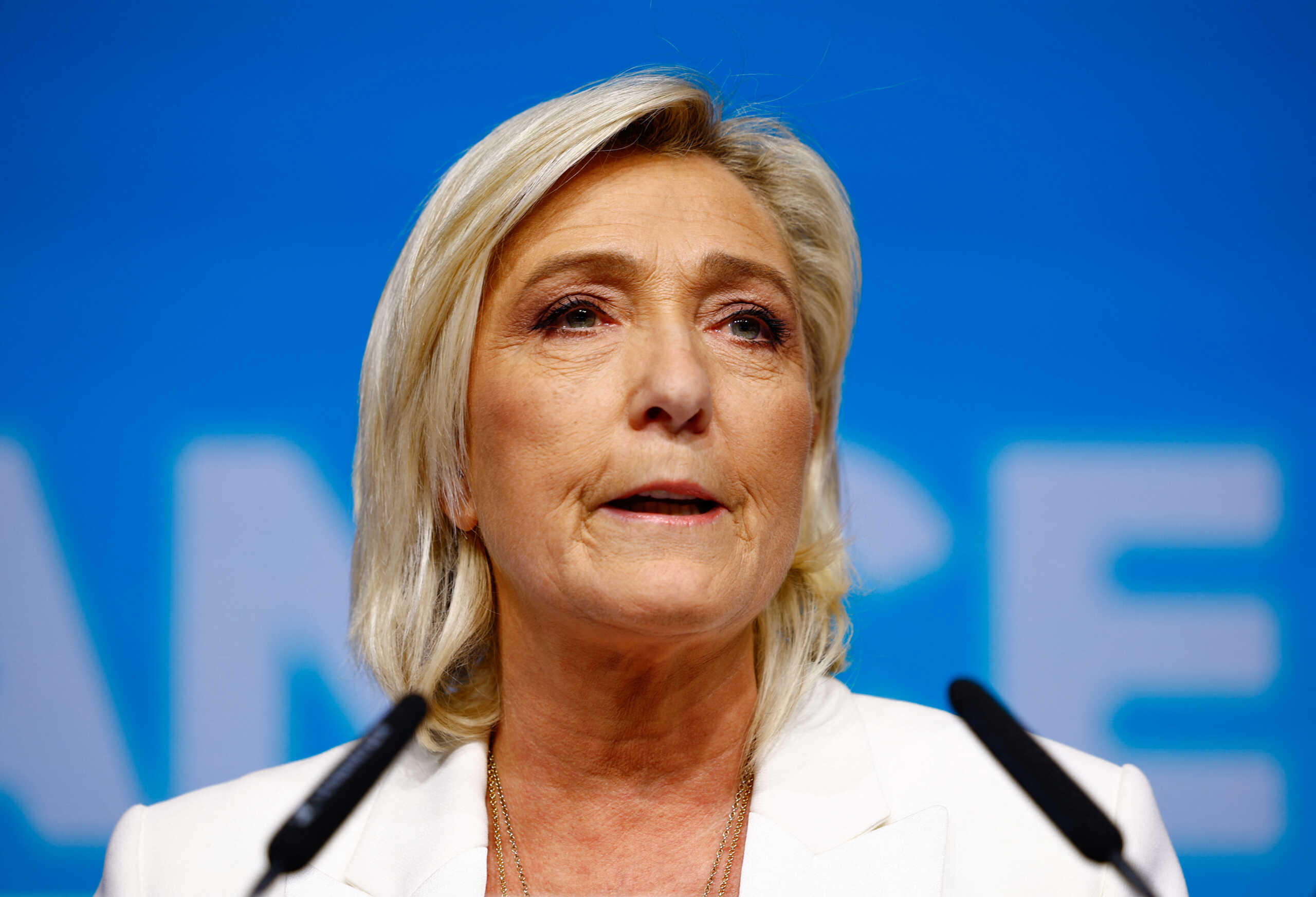 Marine Le Pen, President of the French far-right National Rally (Rassemblement National - RN) party parliamentary group, addresses party members after the polls closed during the European Parliament elections, in Paris, France, June 9, 2024. REUTERS