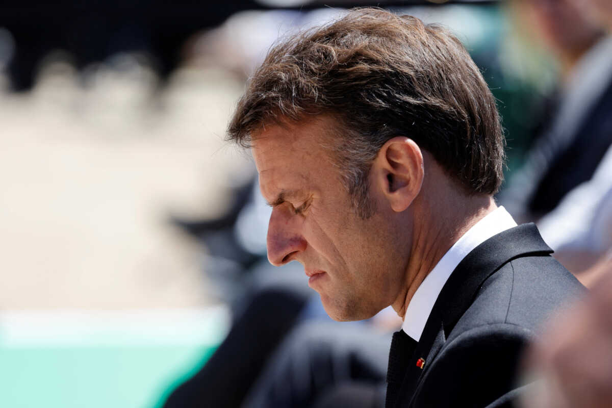 French President Emmanuel Macron attends a ceremony marking the 80th anniversary of the massacre of 643 persons by Nazi German forces, in Oradour-sur-Glane, France, June 10, 2024. LUDOVIC MARIN