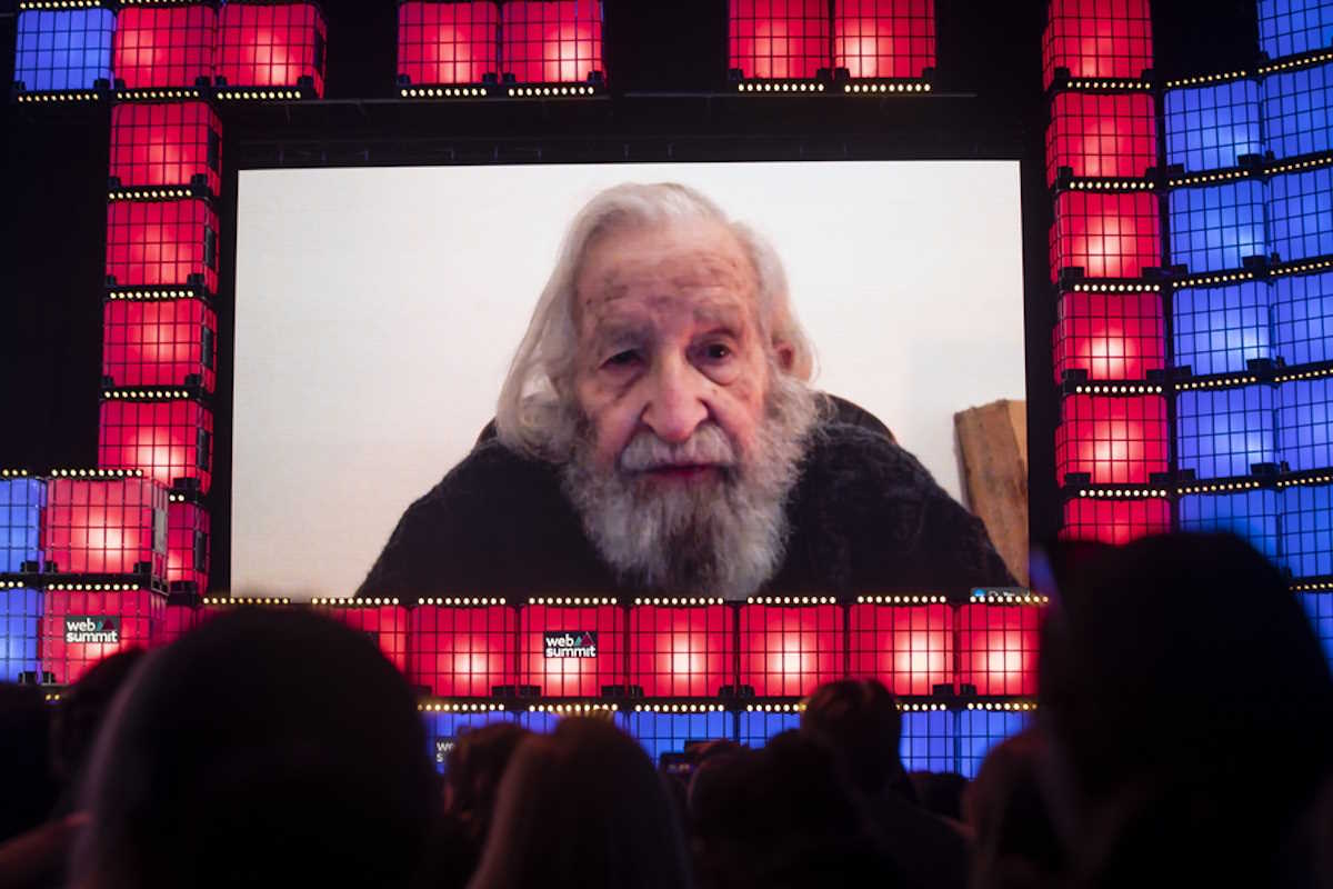 epa10286594 US philosopher Noam Chomsky, attends a talk via videoconference at Web Summit, Parque das Nacoes, Lisbon, Portugal, 04 November 2022. The Web Summit is considered the largest event of startups and technological entrepreneurship in the world, and takes place from 01 to 04 November in Lisbon.  EPA