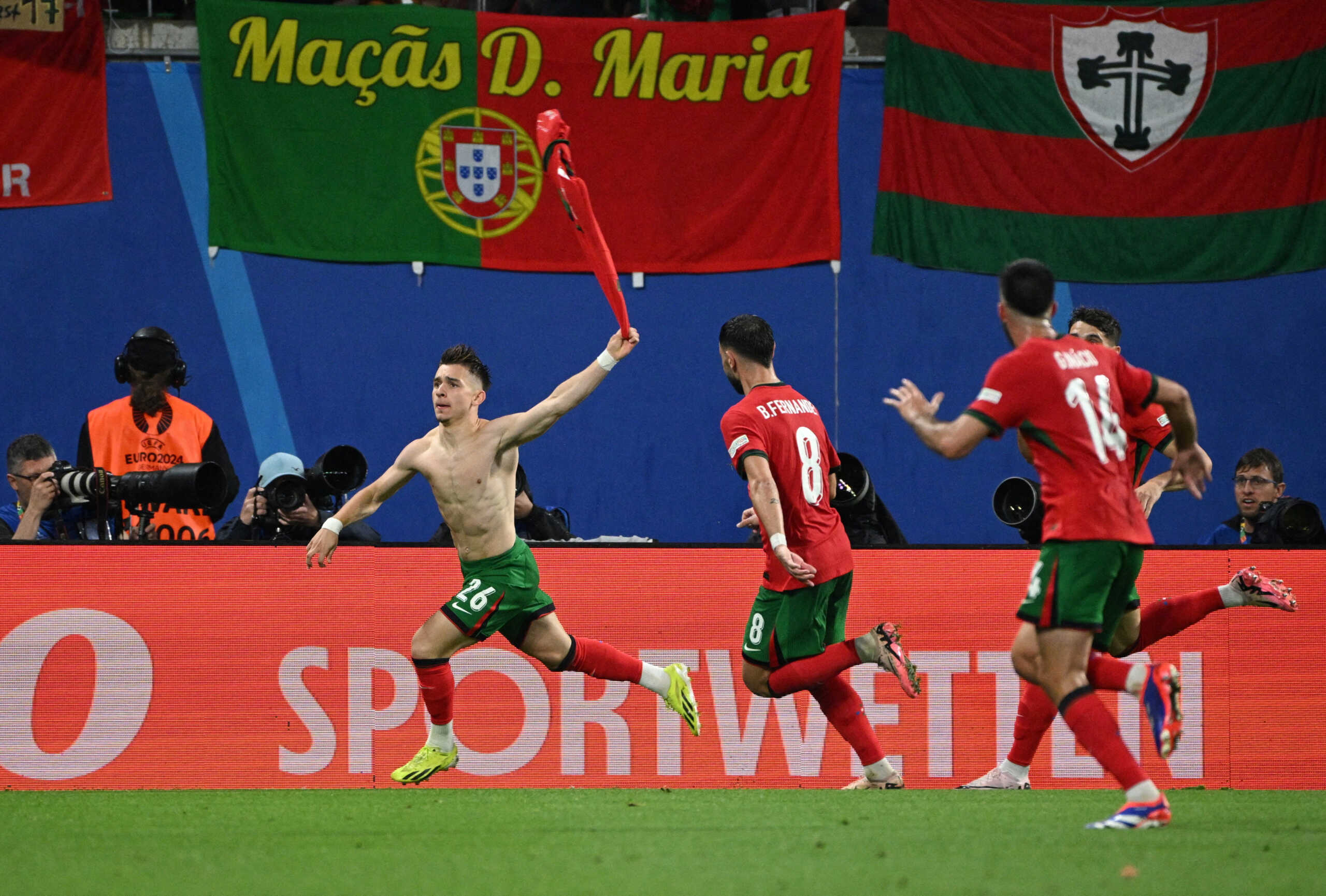 Soccer Football - Euro 2024 - Group F - Portugal v Czech Republic - Leipzig Stadium, Leipzig, Germany - June 18, 2024  Portugal's Francisco Conceicao celebrates scoring their second goal with Bruno Fernandes REUTERS