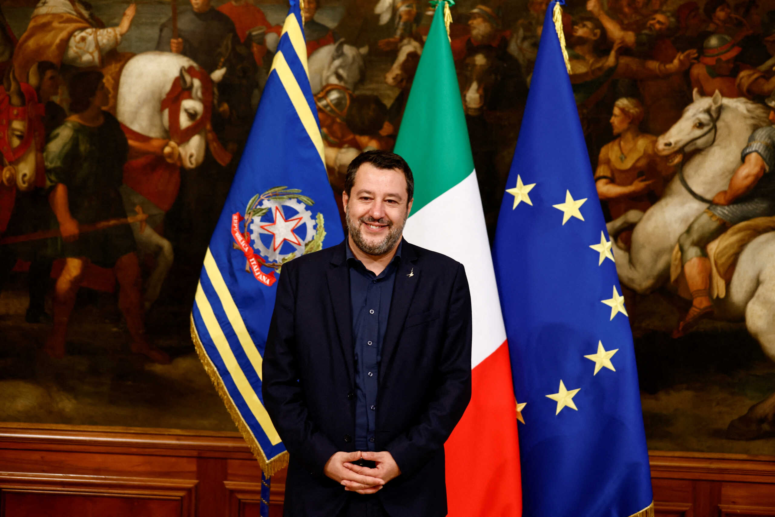 FILE PHOTO: Italian Deputy Prime Minister and Infrastructure Minister Matteo Salvini attends the first new cabinet meeting, at Chigi Palace, in Rome, Italy, October 23, 2022. REUTERS