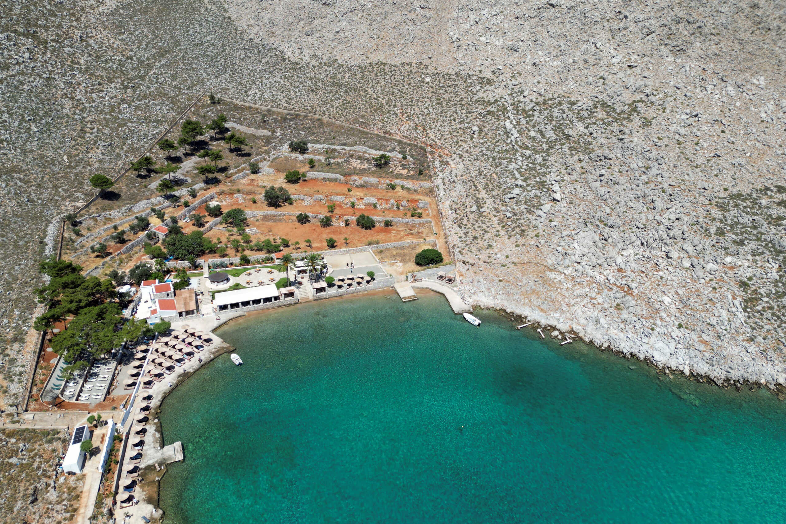 A drone view shows the area where the body of British TV presenter Michael Mosley was found, on the southeastern Aegean Sea island of Symi, Greece, June 9, 2024. REUTERS