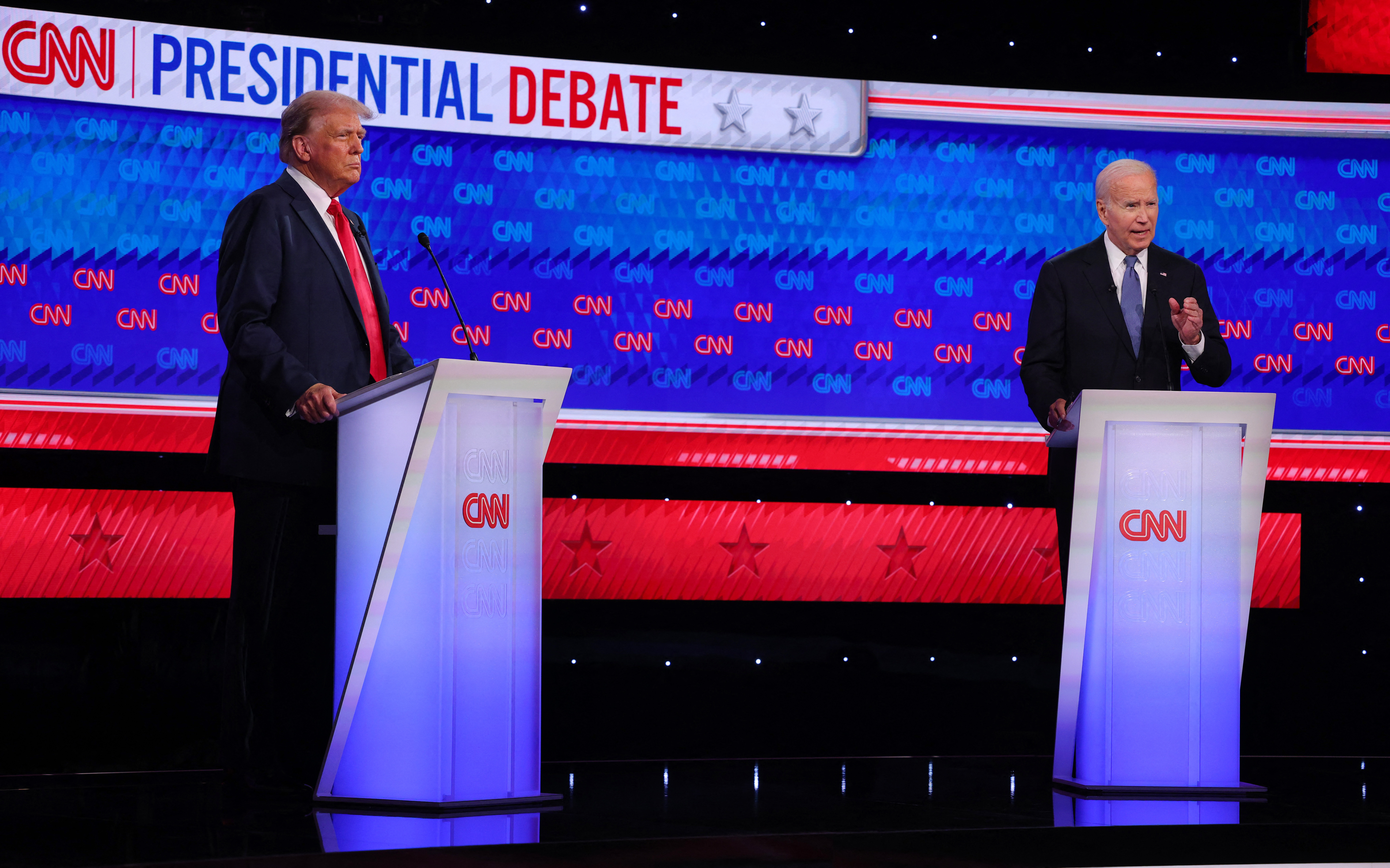 Democrat candidate, U.S. President Joe Biden, and Republican candidate, former U.S. President Donald Trump, attend a presidential debate in Atlanta, Georgia, U.S., June 27, 2024. REUTERS