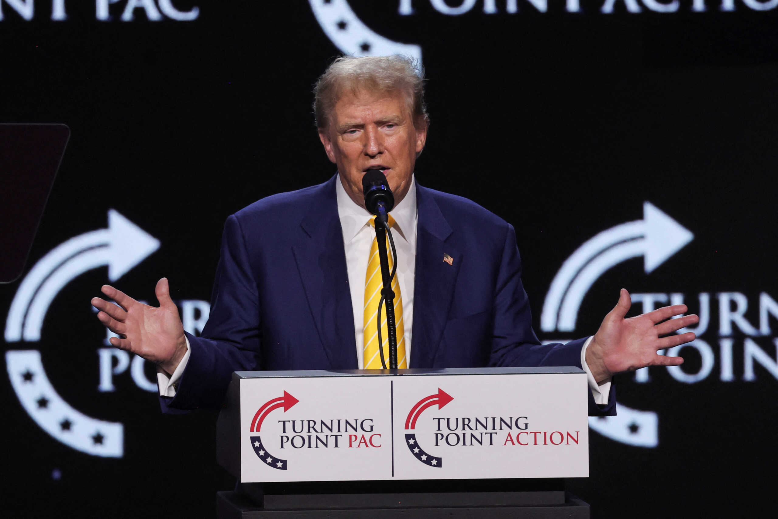 Republican presidential candidate and former U.S. President Donald Trump delivers a campaign speech during a Turning Point USA event at the Dream City Church in Phoenix, Arizona, U.S., June 6, 2024. REUTERS