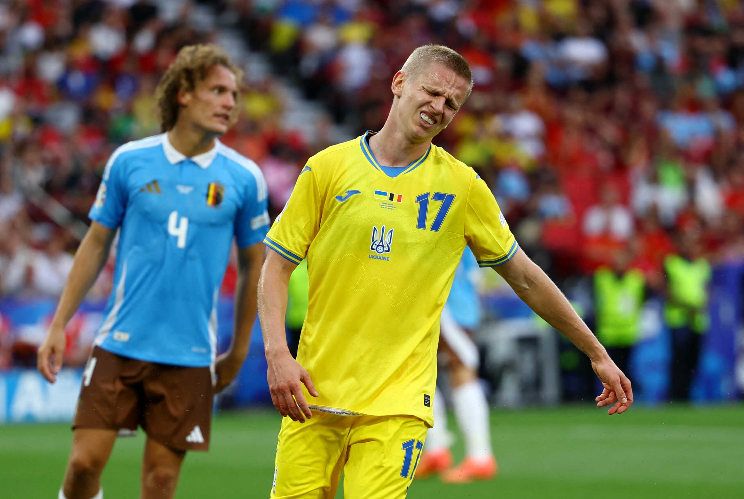 Soccer Football - Euro 2024 - Group E - Ukraine v Belgium - Stuttgart Arena, Stuttgart, Germany - June 26, 2024 Ukraine's Oleksandr Zinchenko reacts REUTERS