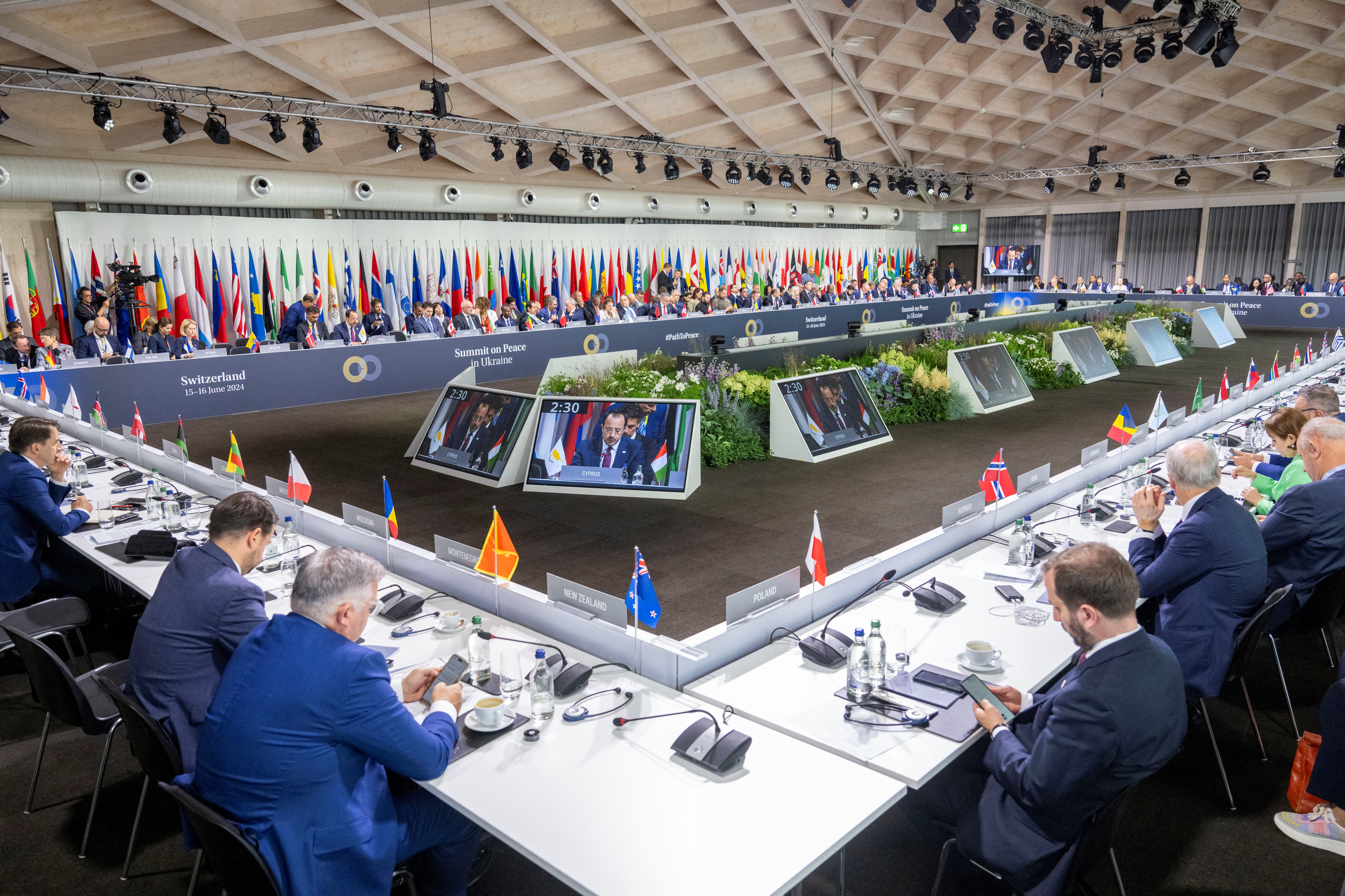 A view shows the plenary session of the Summit on Peace in Ukraine, in Stansstad, Switzerland, June 16, 2024. URS FLUEELER