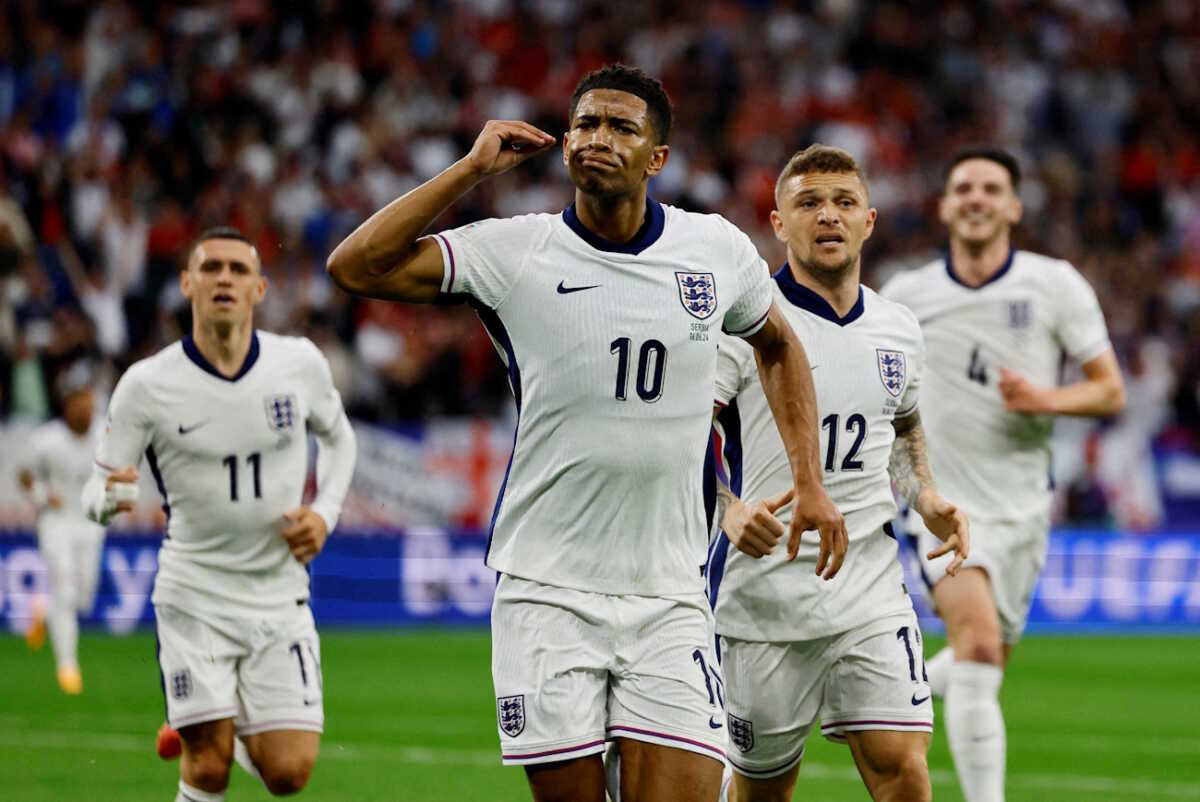 FILE PHOTO: Soccer Football - Euro 2024 - Group C - Serbia v England - Arena AufSchalke, Gelsenkirchen, Germany - June 16, 2024 England's Jude Bellingham celebrates scoring their first goal REUTERS